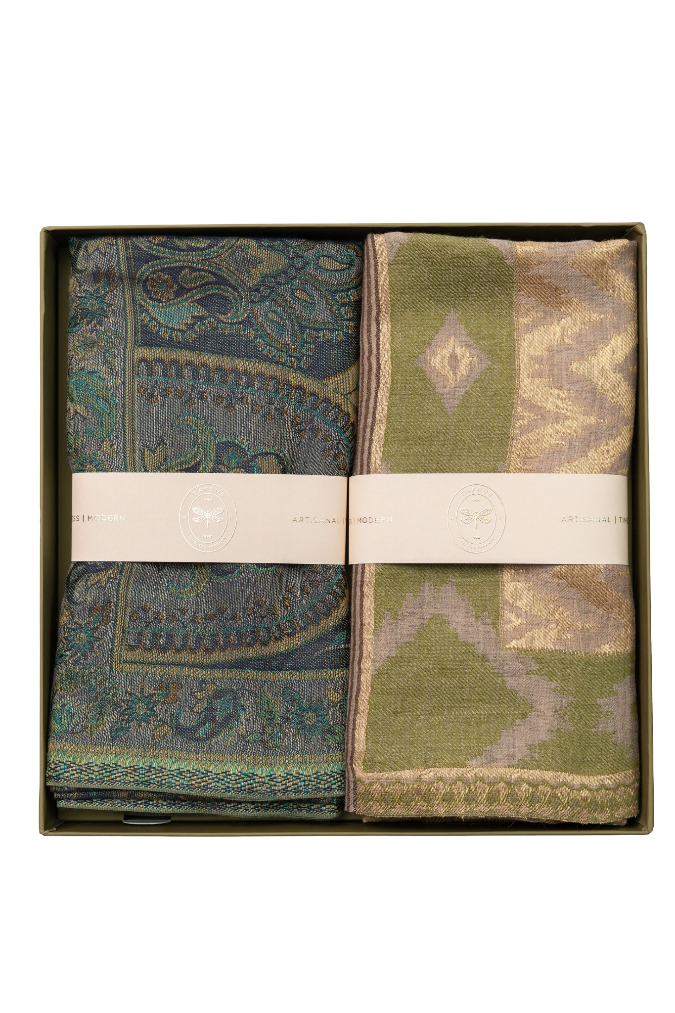 Taroob Gift Set of Ikat Kaani Stole for Him & Silk Jamawar Stole for Her