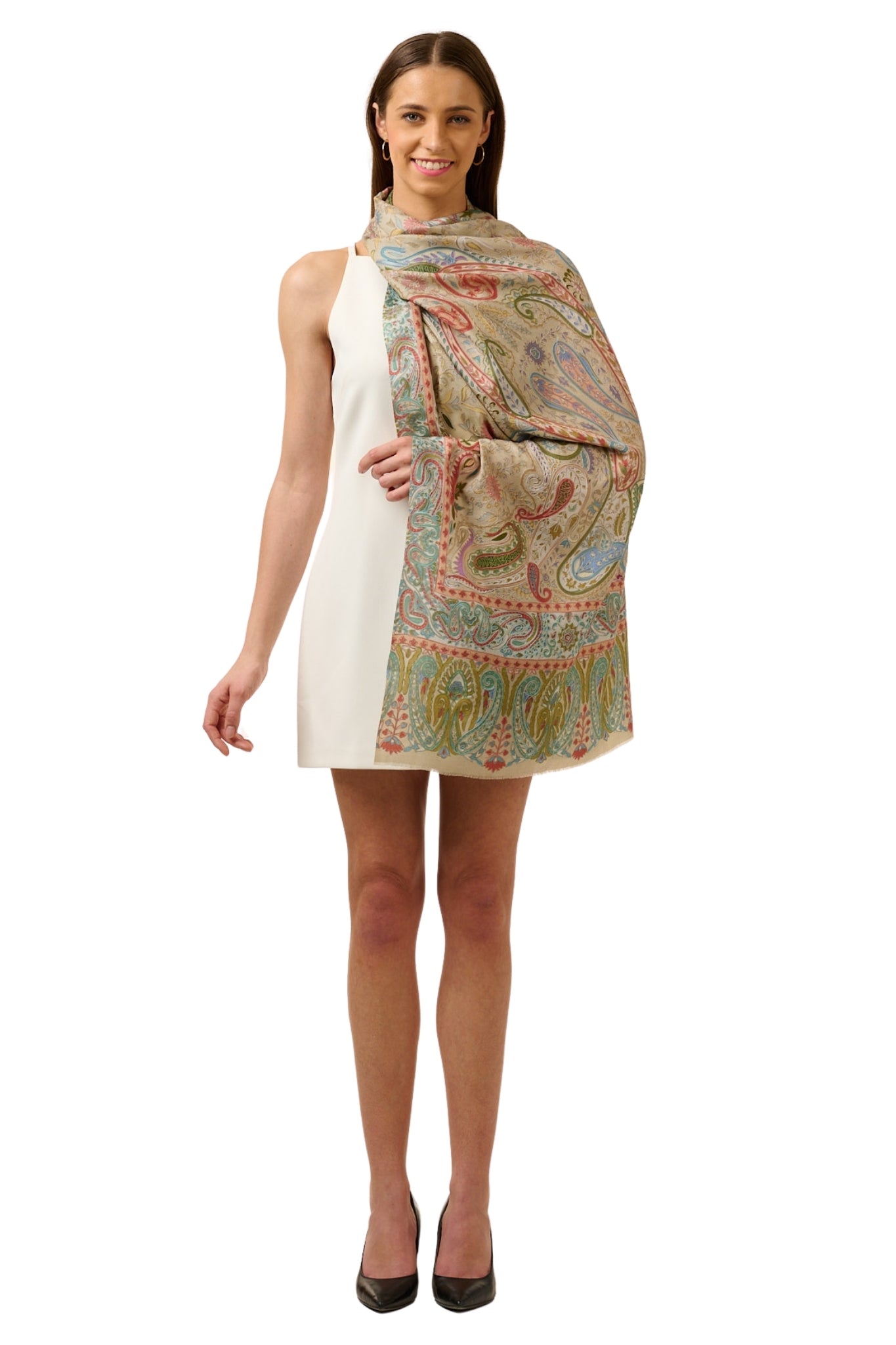 Taroob Soft Beige Wool Kalamkari Stole