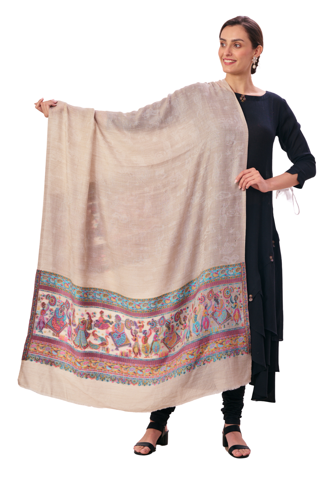 Women's Baraat Fine Wool Border Kaani Shawl
