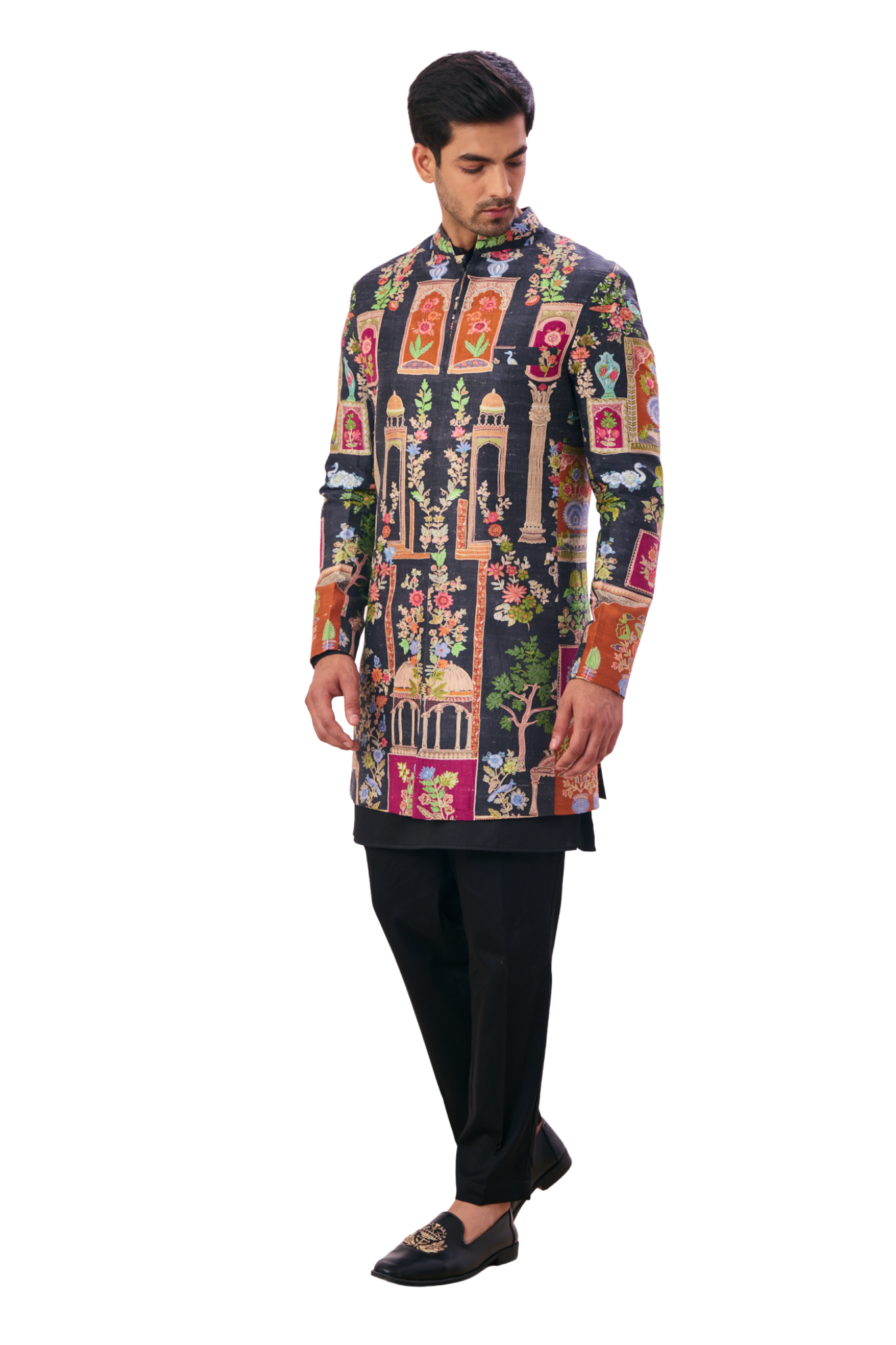 Raj-Darbar Embroidered Kalamkari Men's Achkan & Kurta Pajama Set