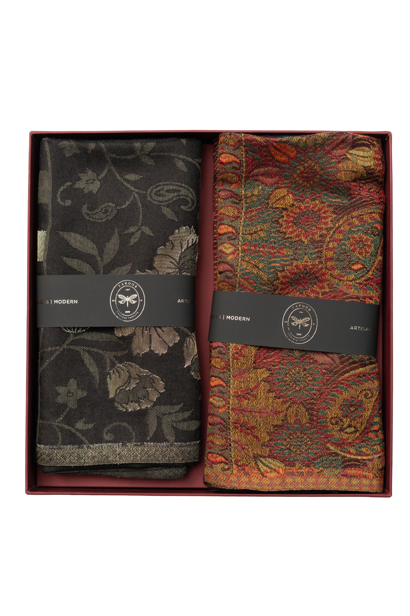 Taroob Gift Set of Silk Kaani Stole for Him & Faux Pashmina Jamawar Shawl for Her