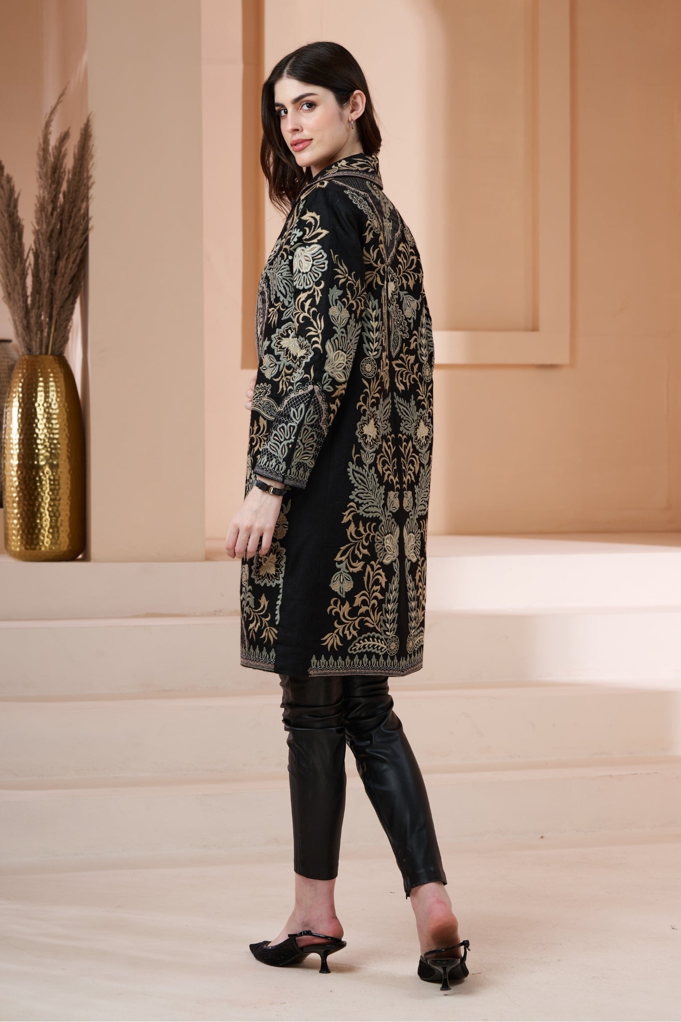 Embroidered Royal Wool Long Coat