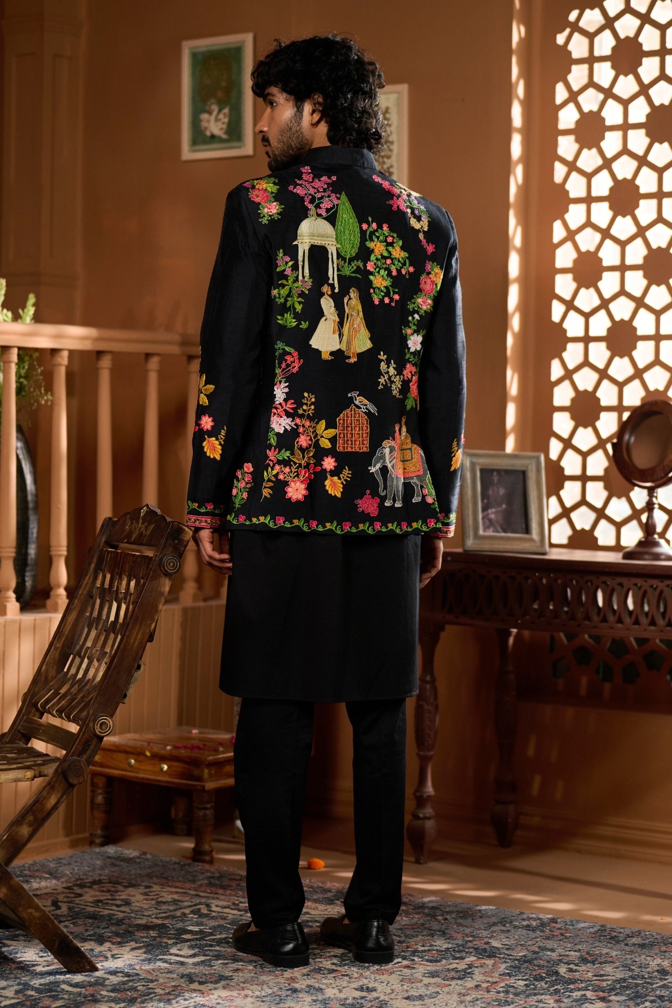 Taroob Mor-Mahal Mughal Kalamkari Bandhgala