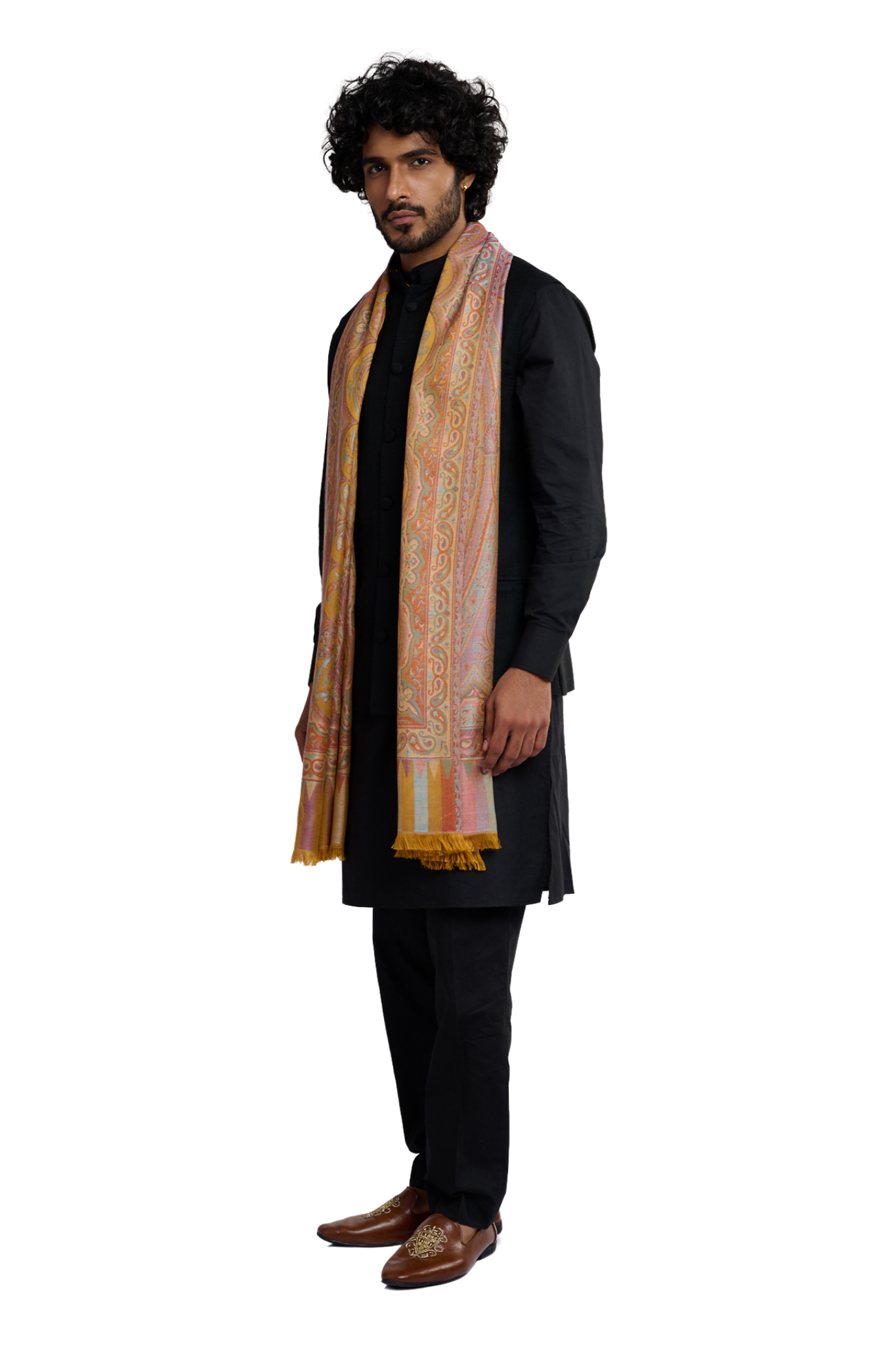 Men's Golden Paisley Silk Jamawar Stole