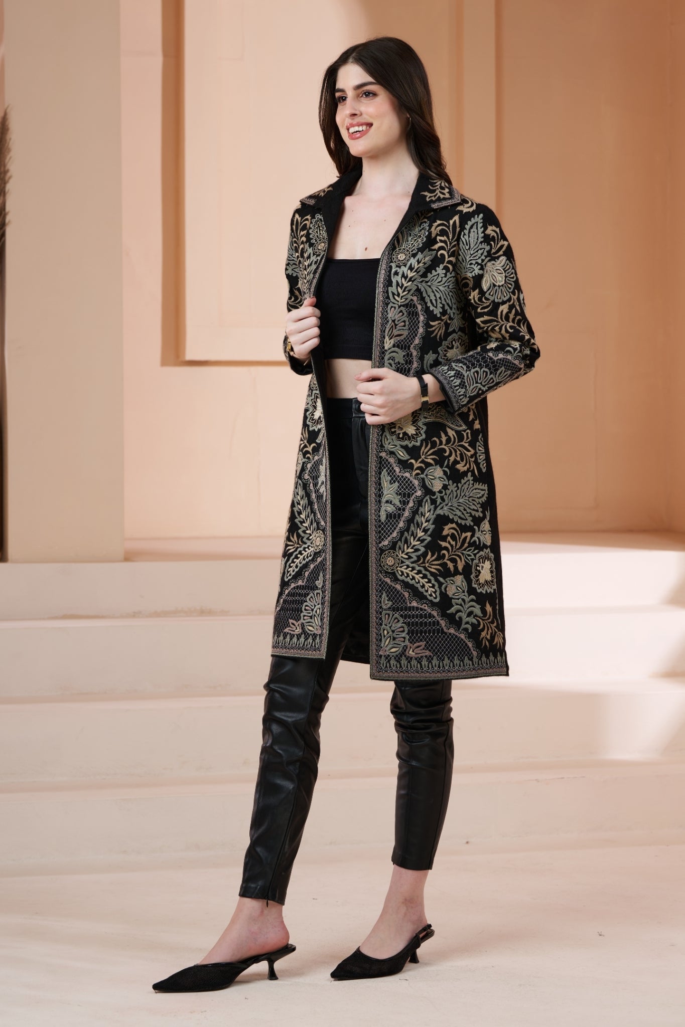 Embroidered Royal Wool Long Coat