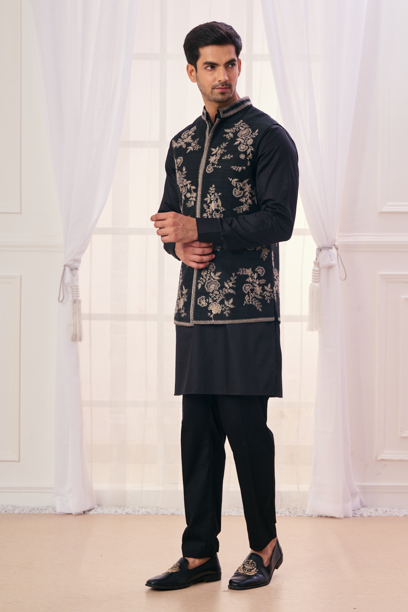 Embroidered Floral Silk Nehru Jacket