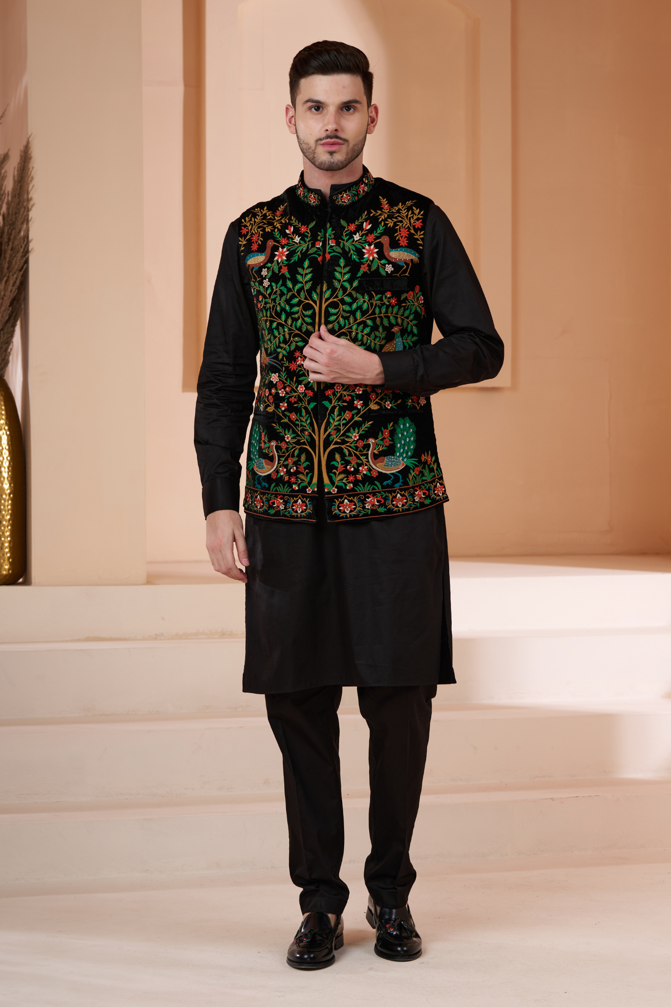 Embroidered Velvet Nehru Jacket , Men's Bandi