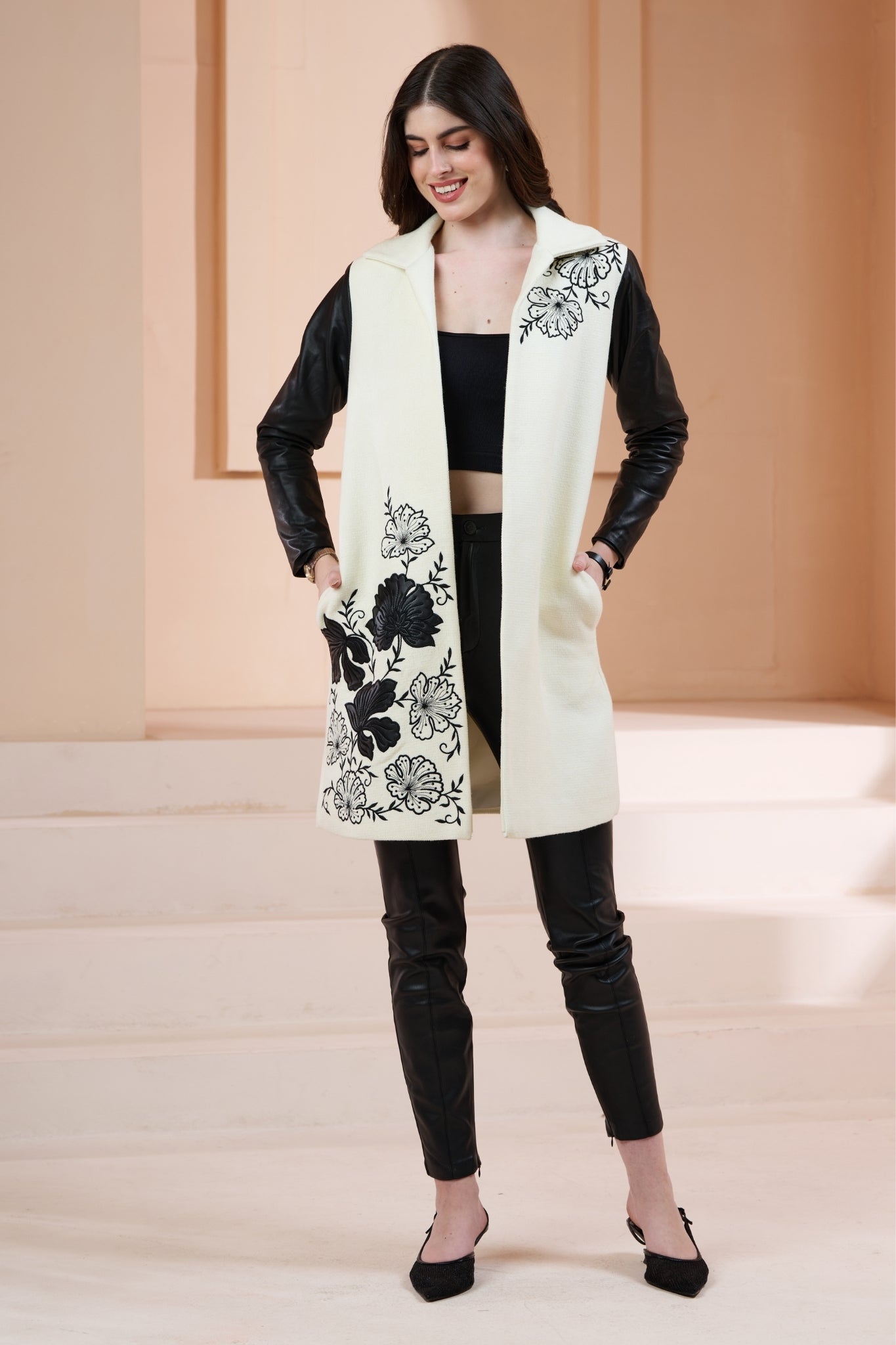 Embroidered Floral Wool Long Coat with Leather Sleeves