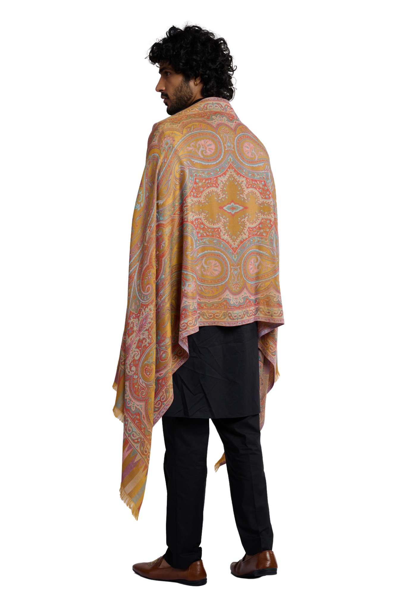 Men's Golden Paisley Silk Jamawar Stole