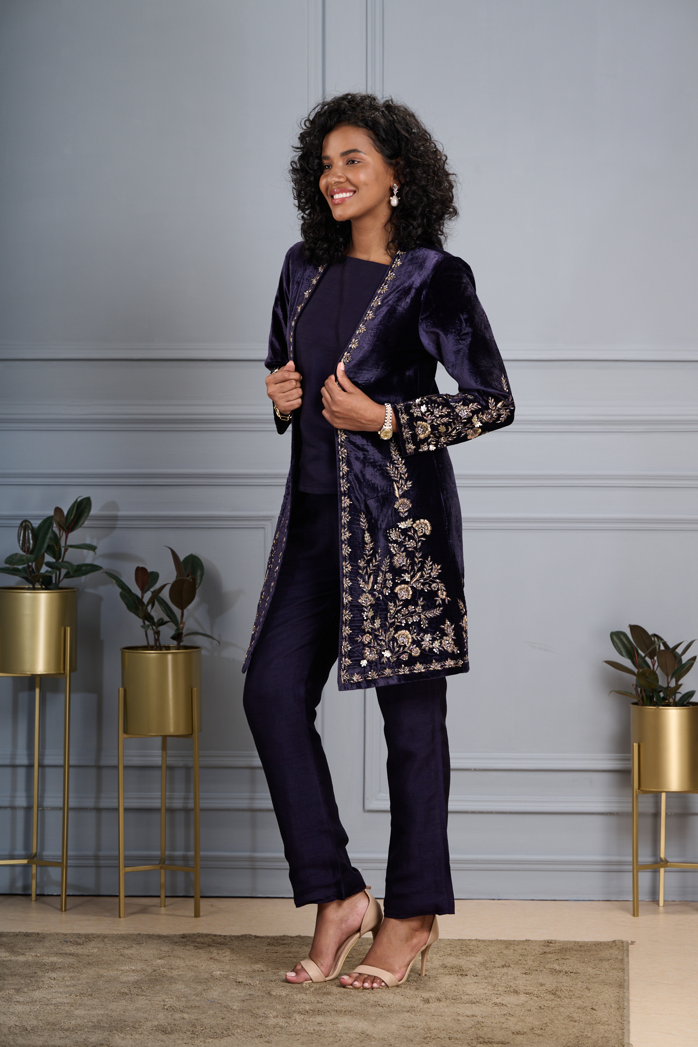 Regal Hand Embroidered Zardozi Velvet Long Coat