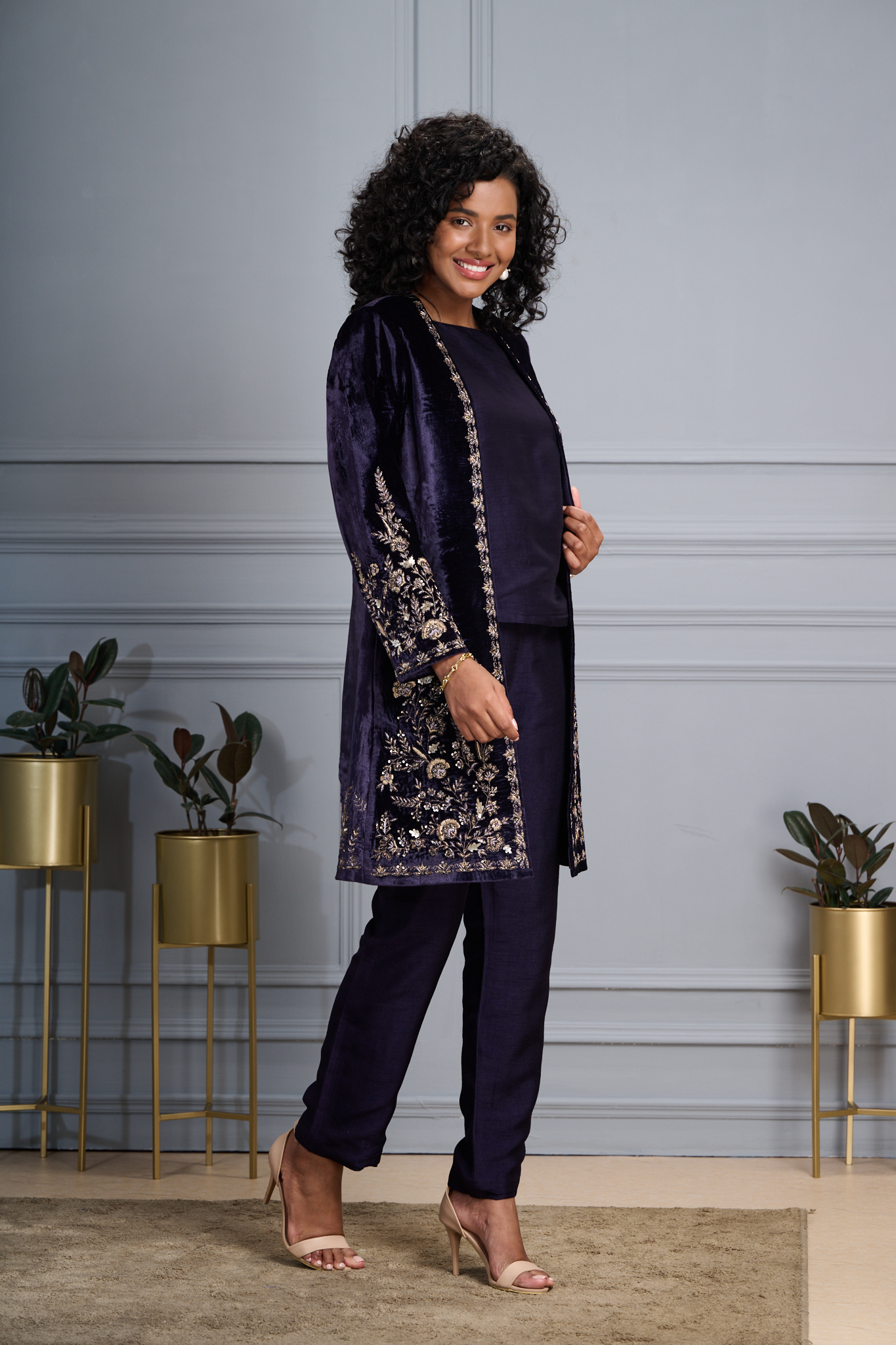 Regal Hand Embroidered Zardozi Velvet Long Coat