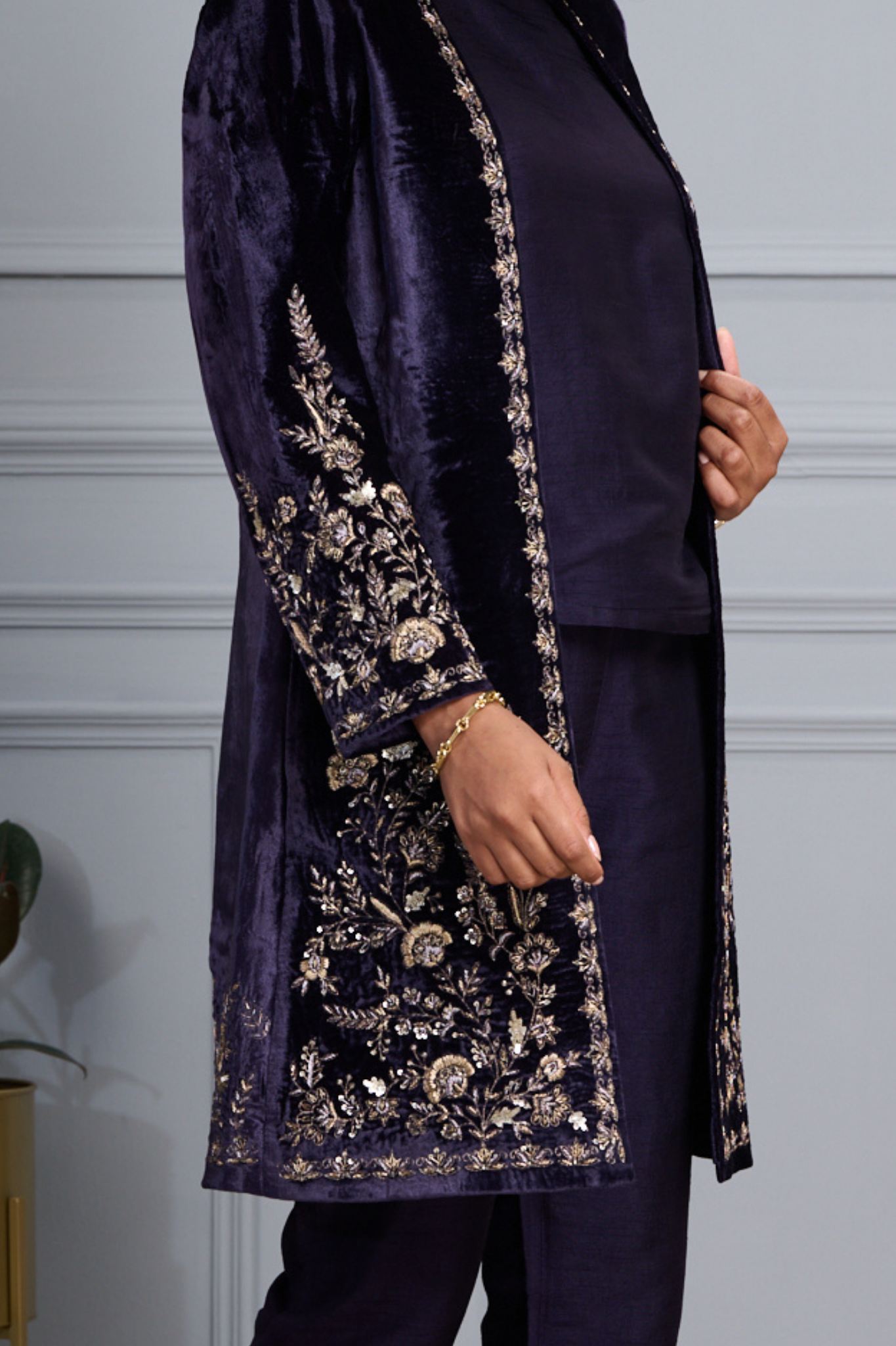 Regal Hand Embroidered Zardozi Velvet Long Coat