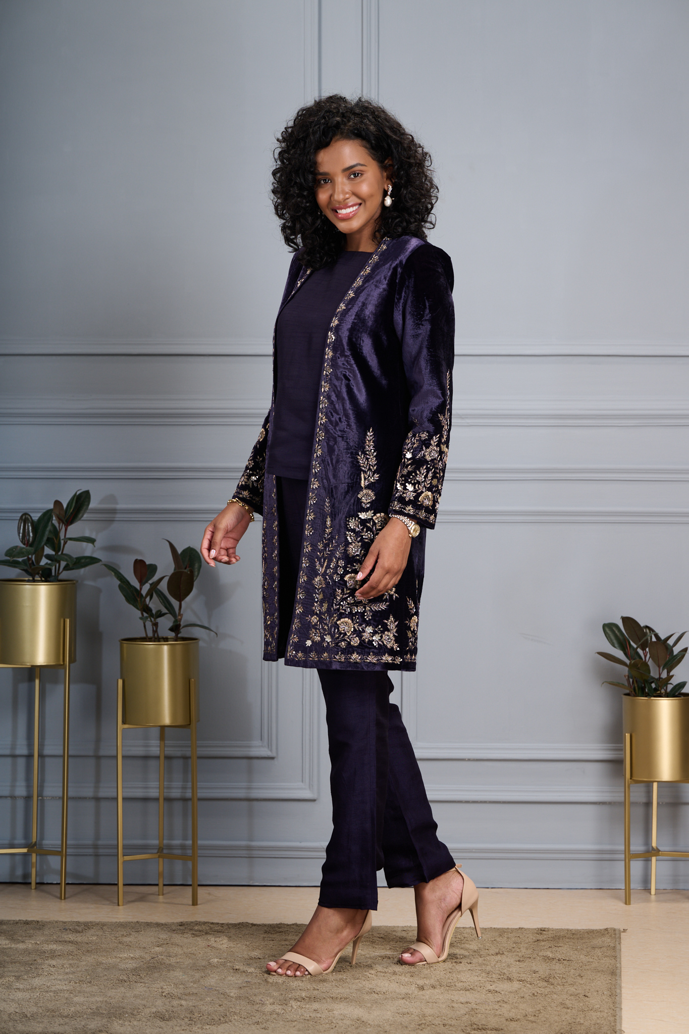 Regal Hand Embroidered Zardozi Velvet Long Coat