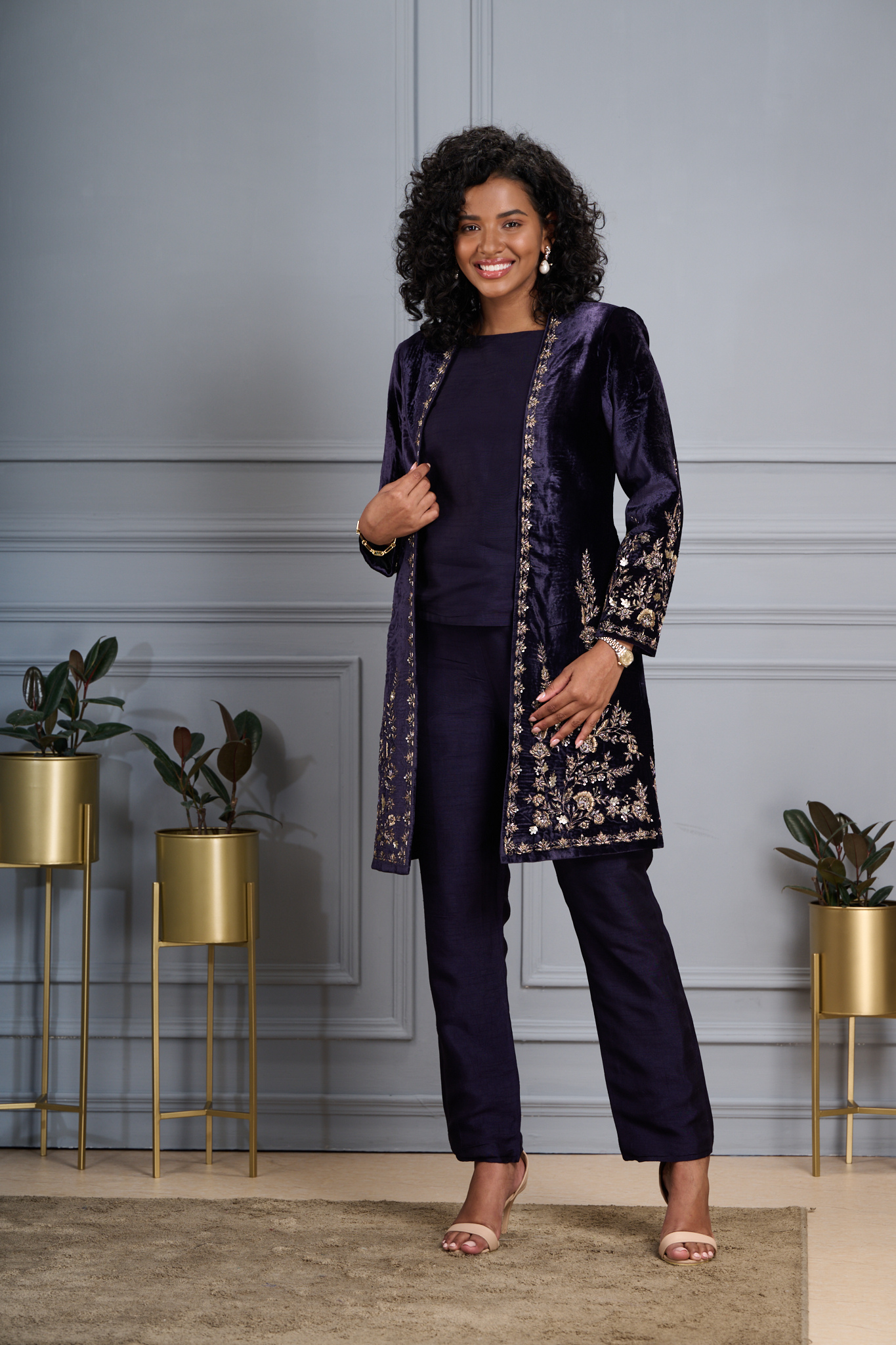 Regal Hand Embroidered Zardozi Velvet Long Coat