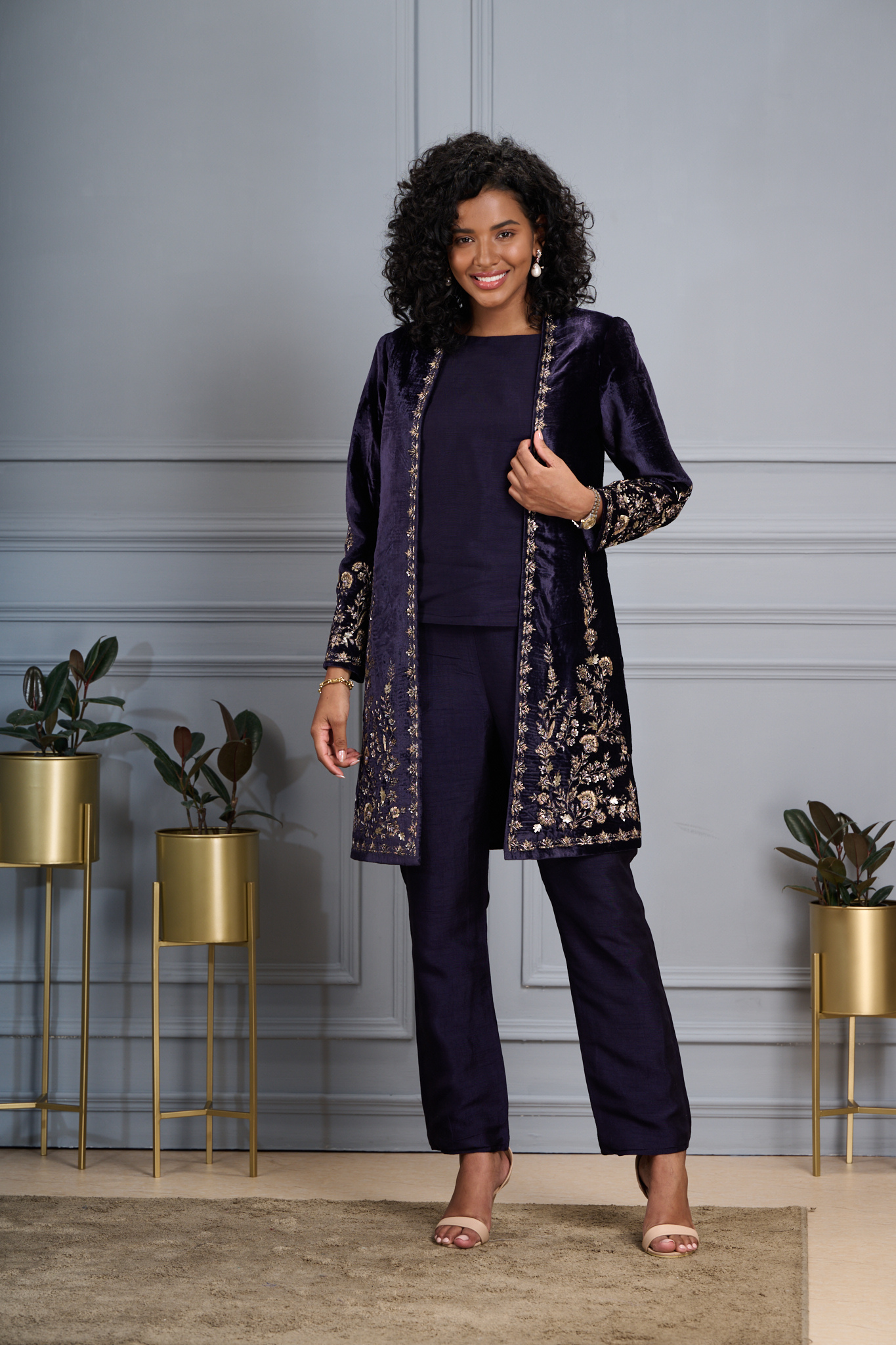 Regal Hand Embroidered Zardozi Velvet Long Coat