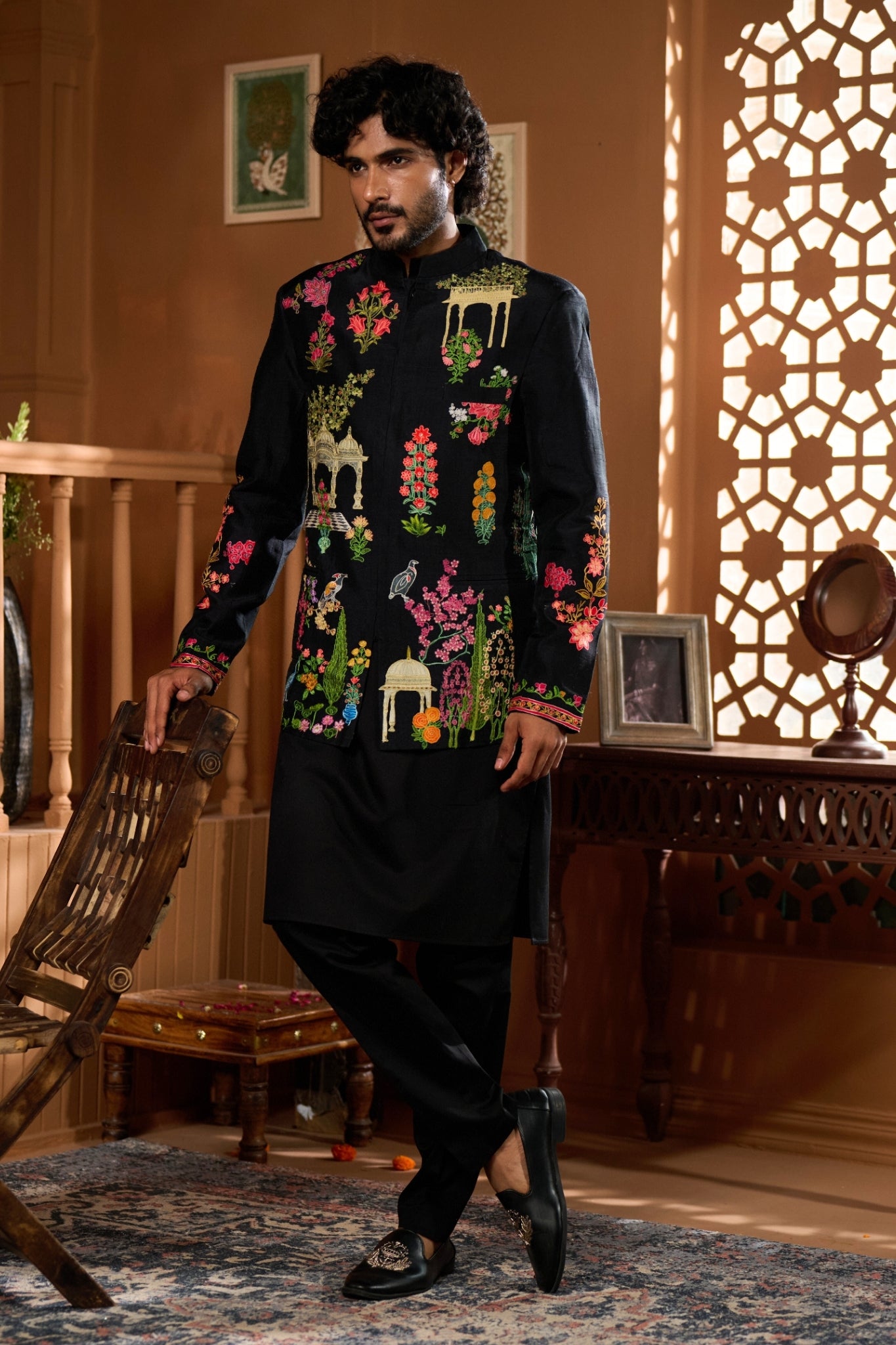 Taroob Mor-Mahal Mughal Kalamkari Bandhgala