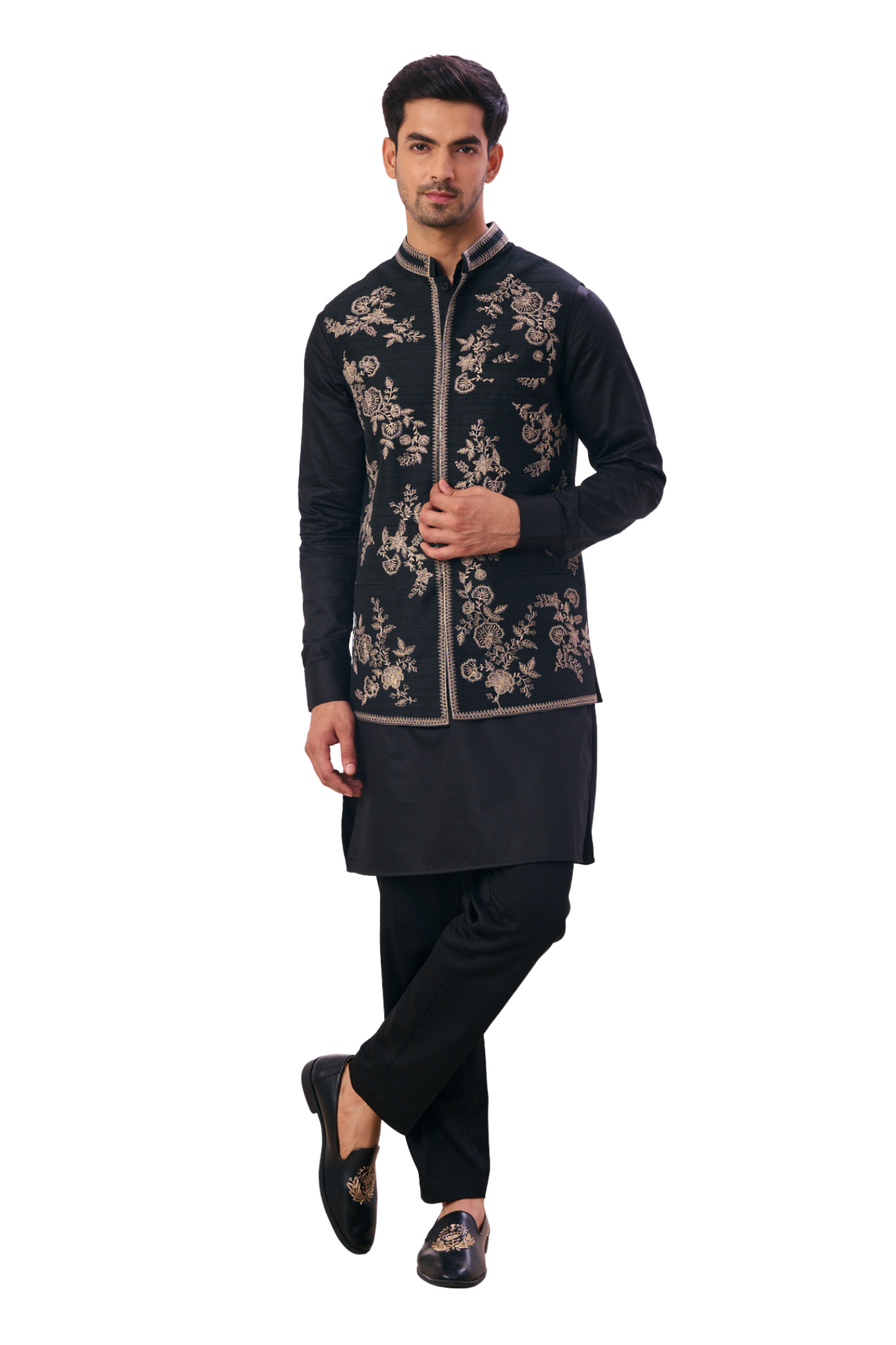 Embroidered Floral Silk Nehru Jacket