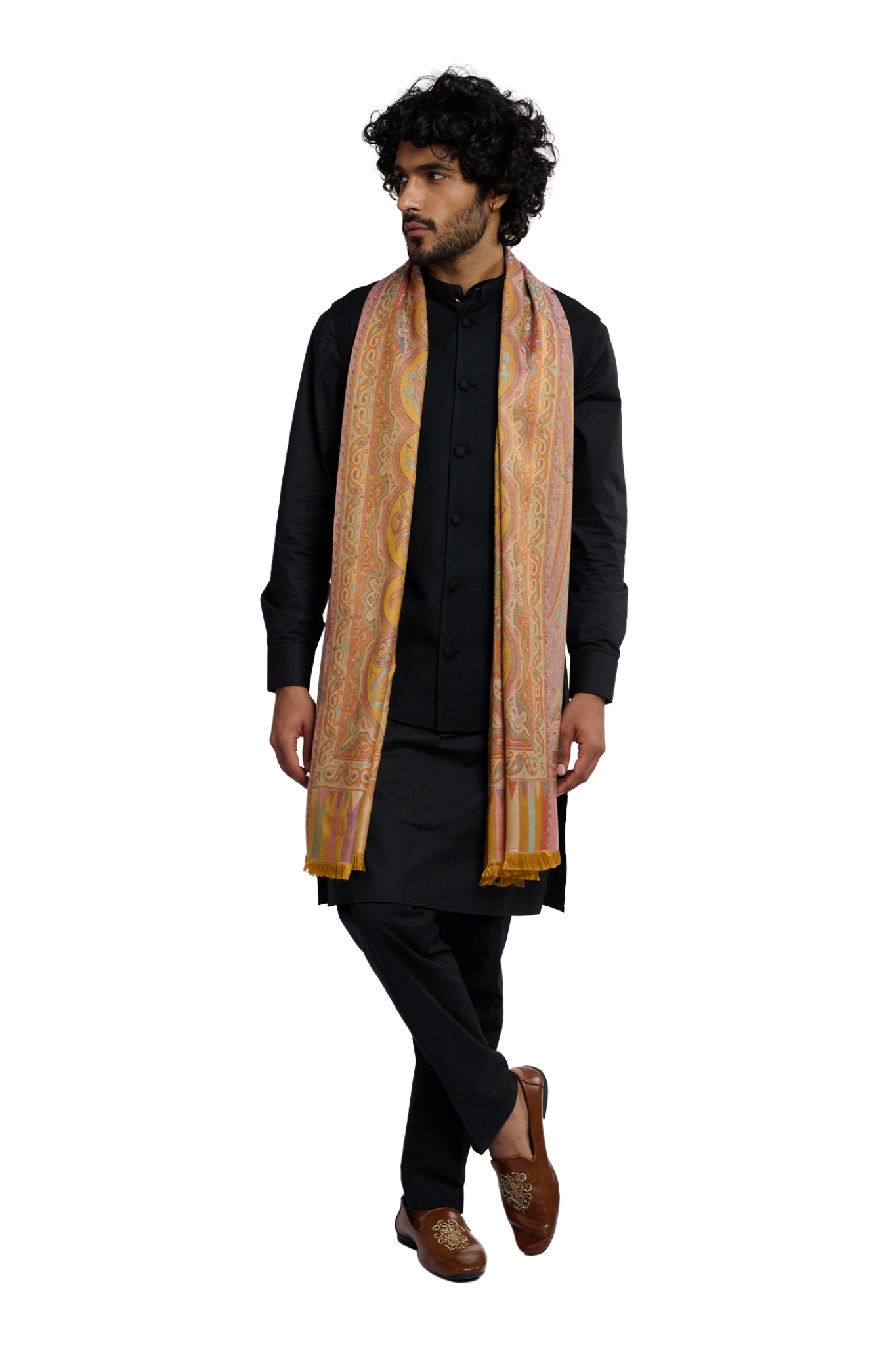 Men's Golden Paisley Silk Jamawar Stole