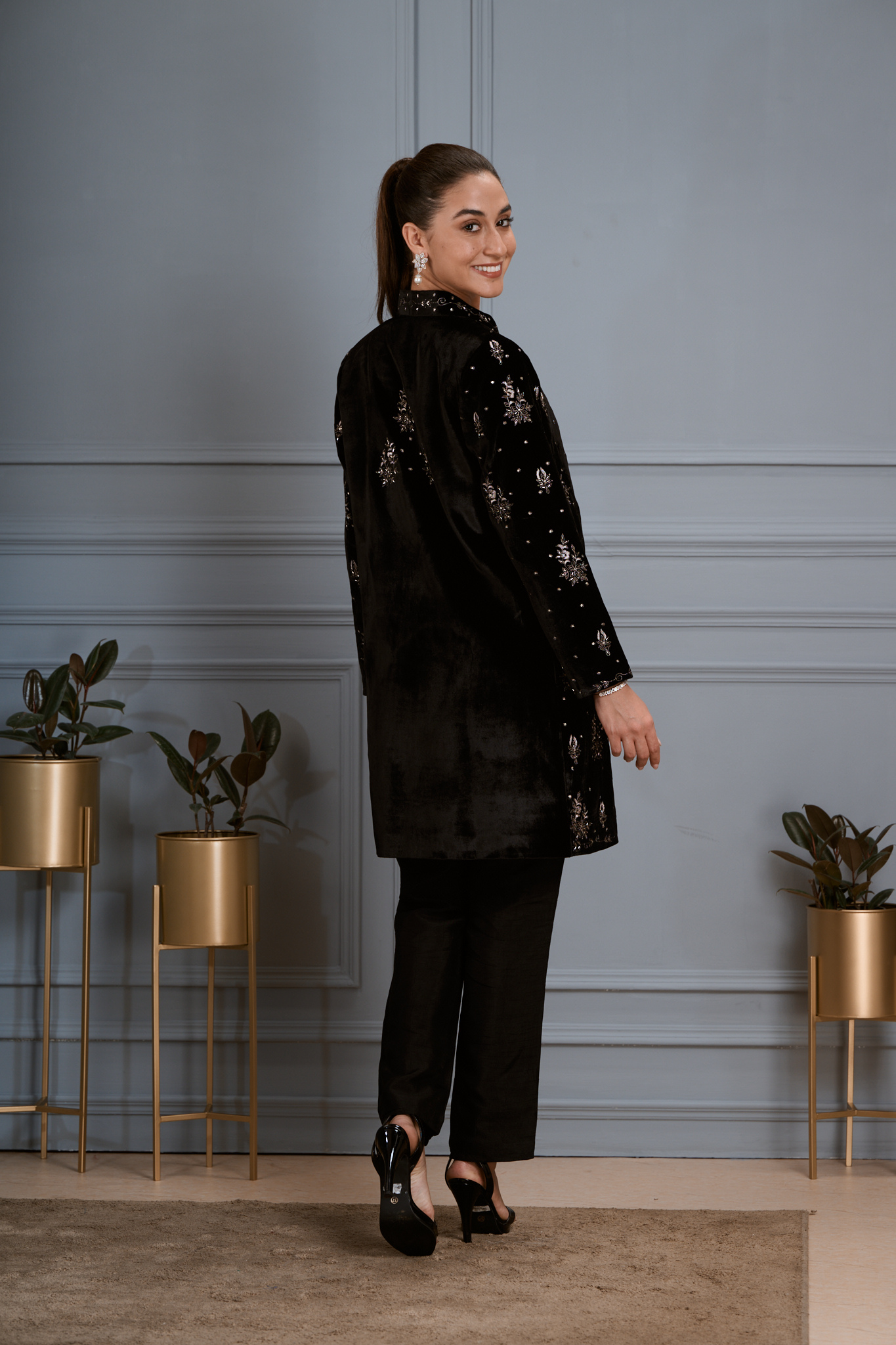 Hand Embellished Velvet Long Coat