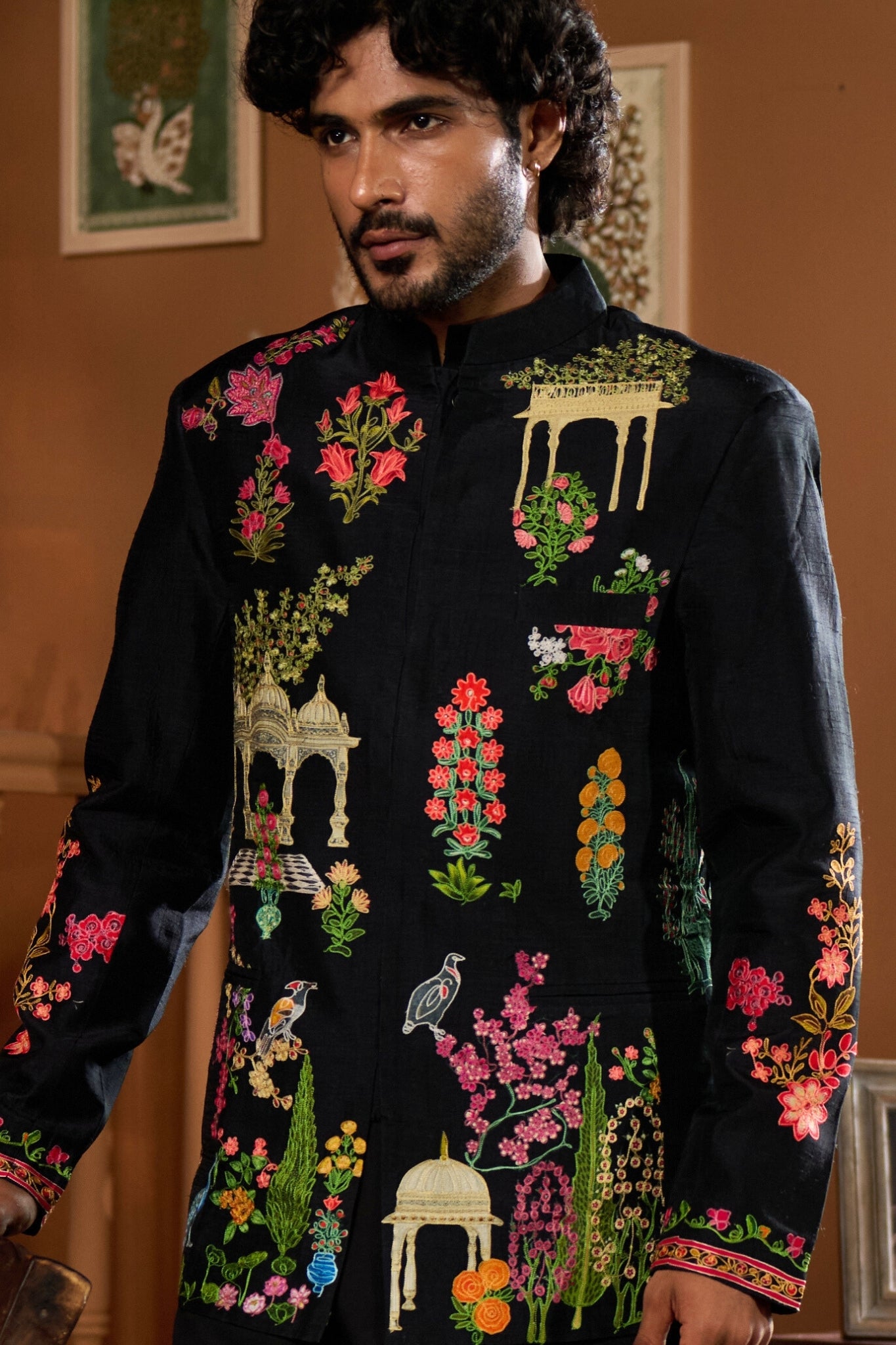 Taroob Mor-Mahal Mughal Kalamkari Bandhgala