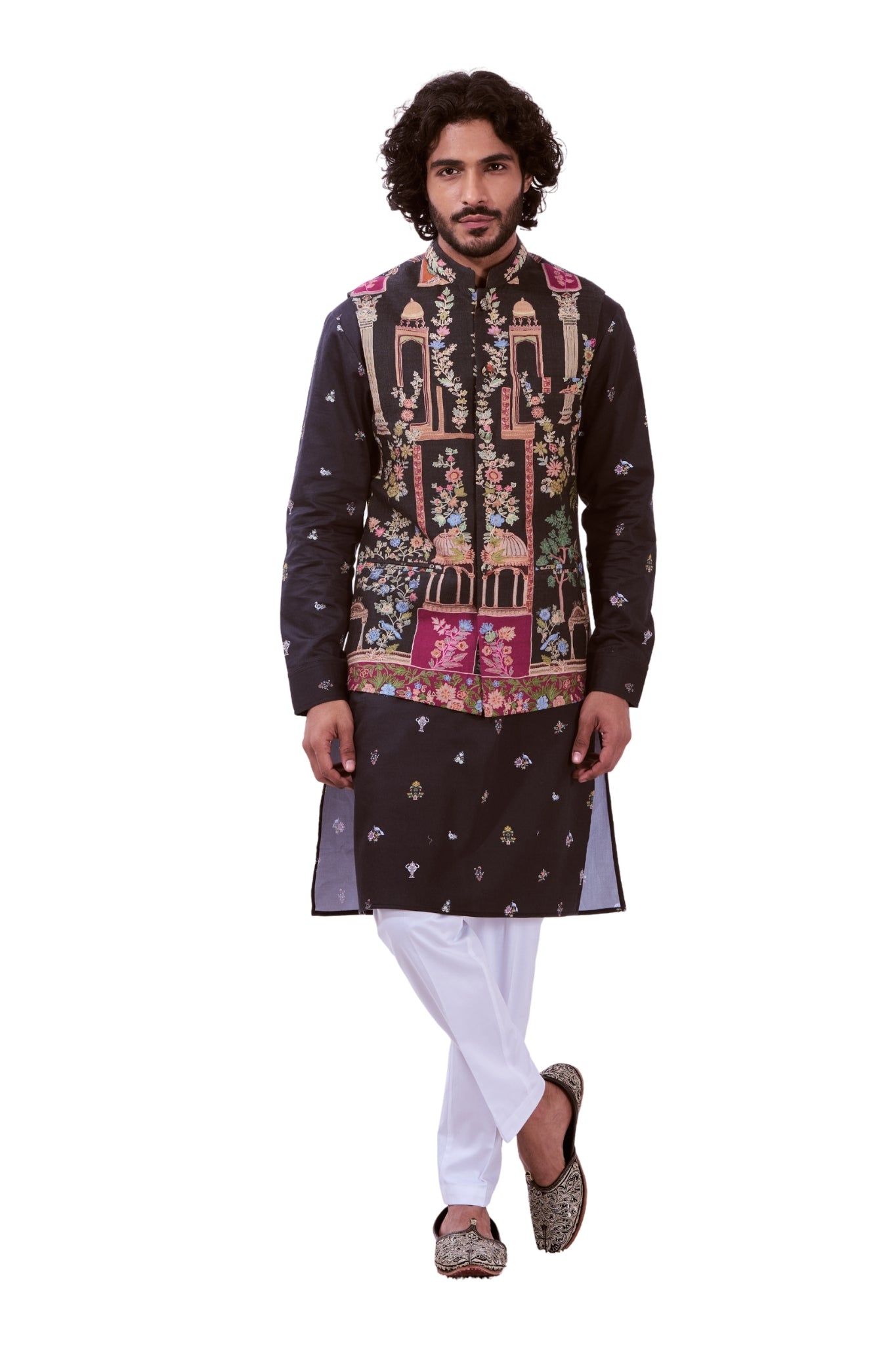 Majestic Darbar Embroidered Kalamkari Nehru Jacket & Kurta Pajama Set