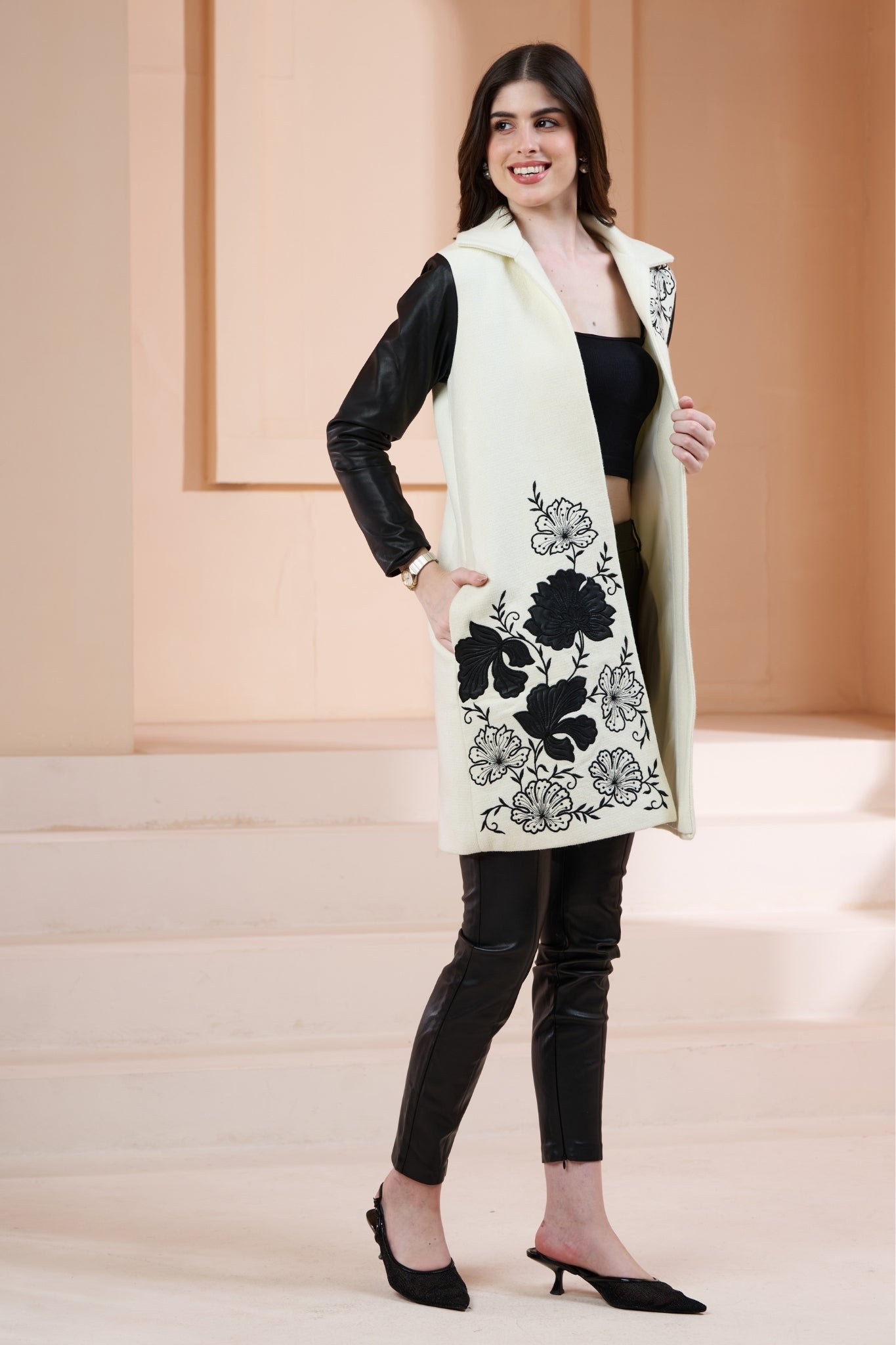 Embroidered Floral Wool Long Coat with Leather Sleeves