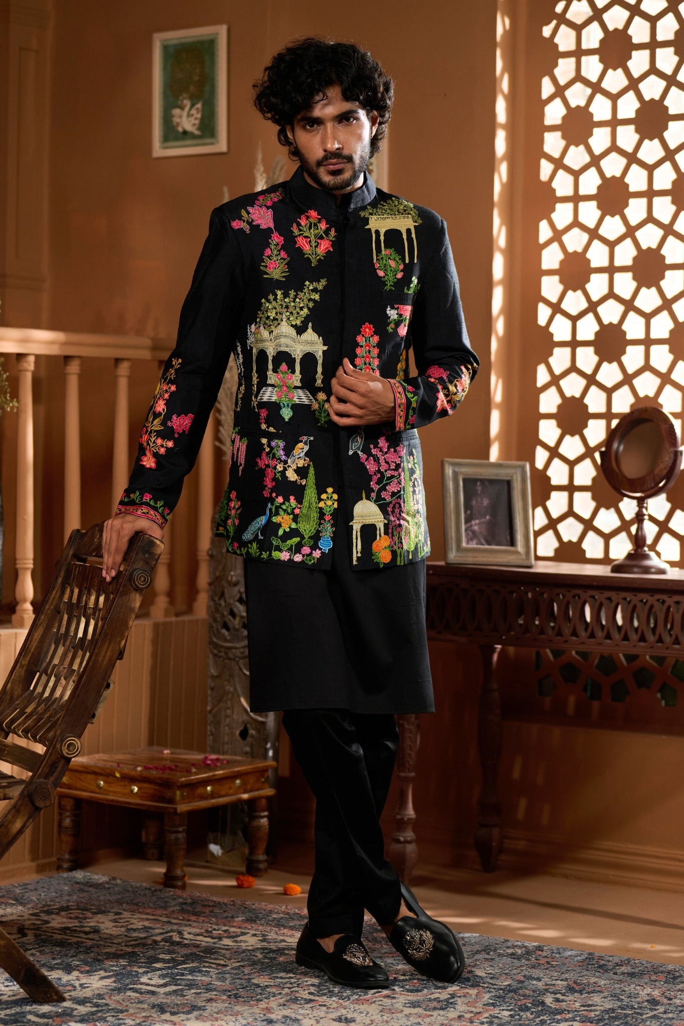 Taroob Mor-Mahal Mughal Kalamkari Bandhgala