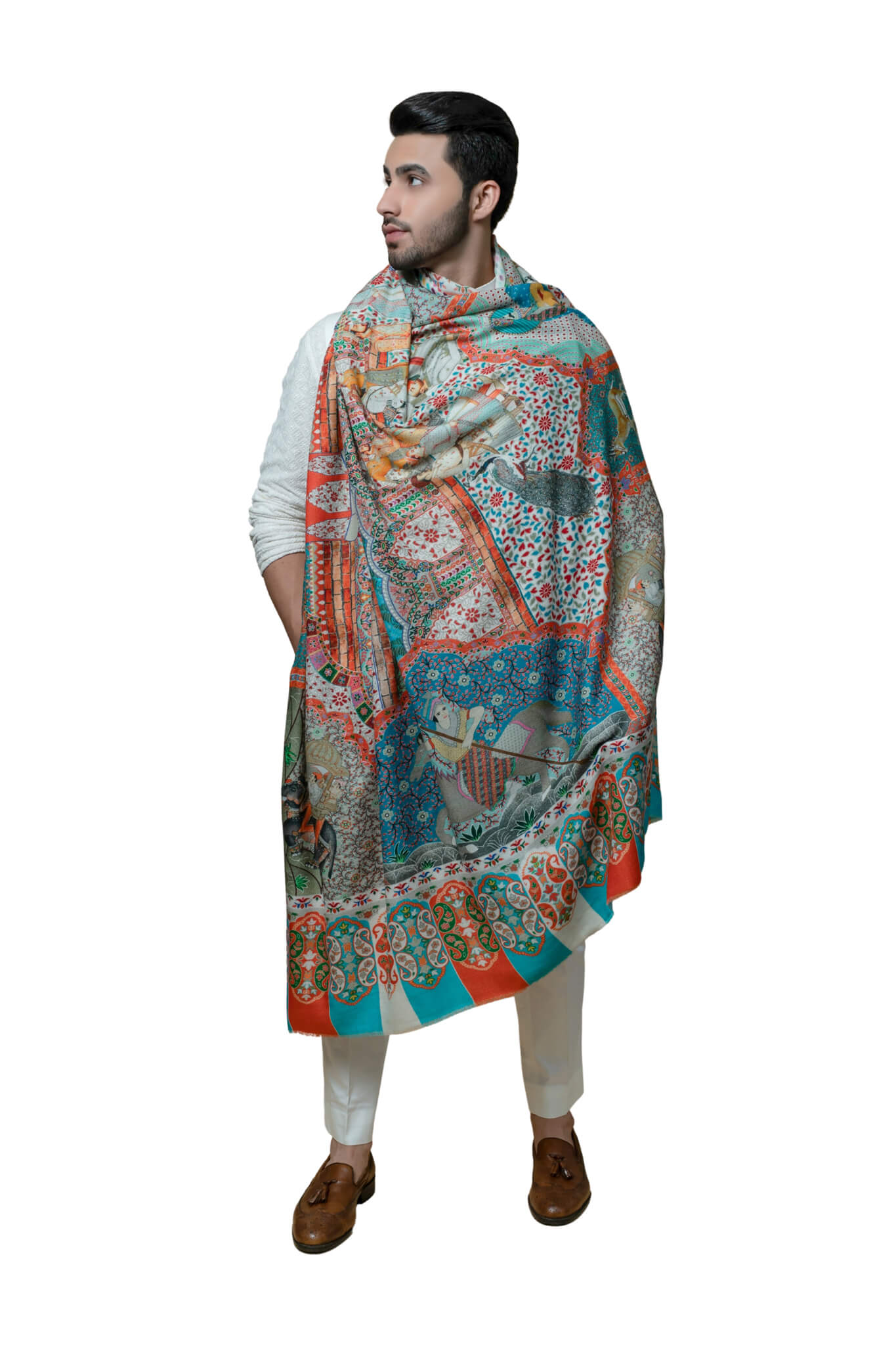 Men's Regal Wool Silk Mughal Darbar Print Kalamkari Dusala , Men's Full Size Dusala