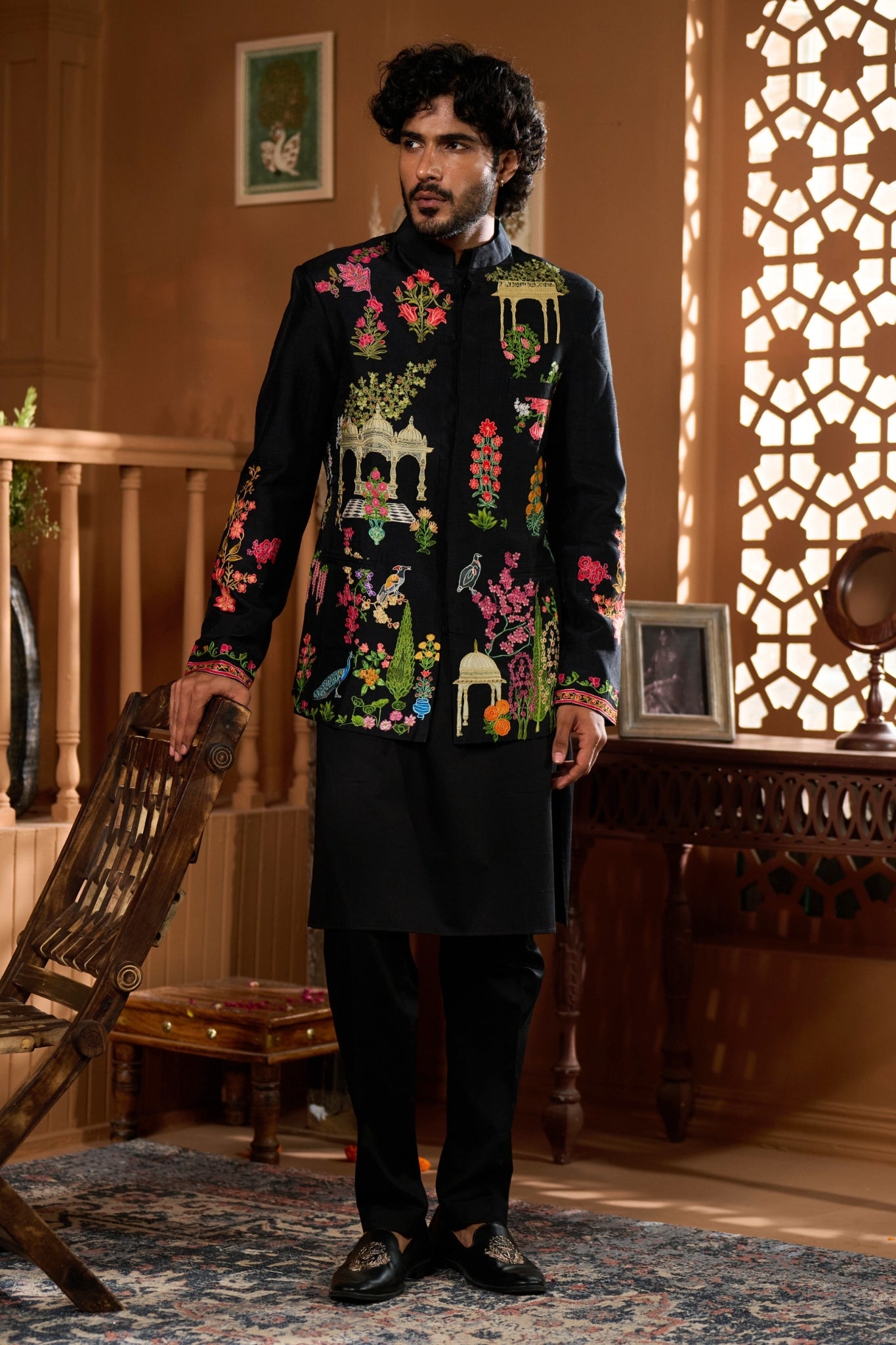 Taroob Mor-Mahal Mughal Kalamkari Bandhgala