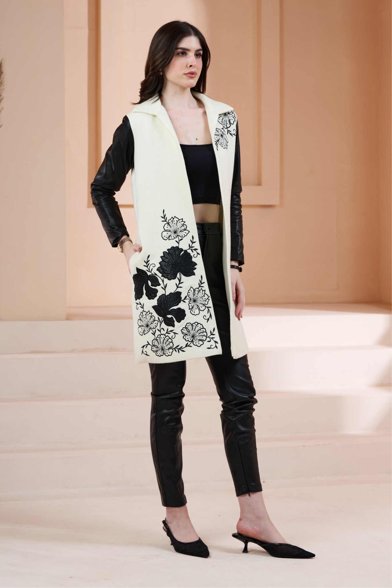 Embroidered Floral Wool Long Coat with Leather Sleeves