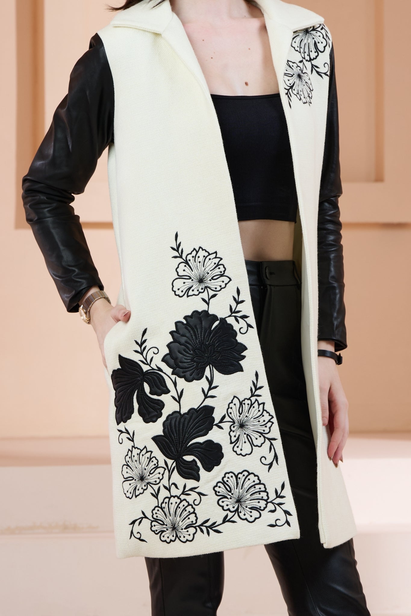 Embroidered Floral Wool Long Coat with Leather Sleeves