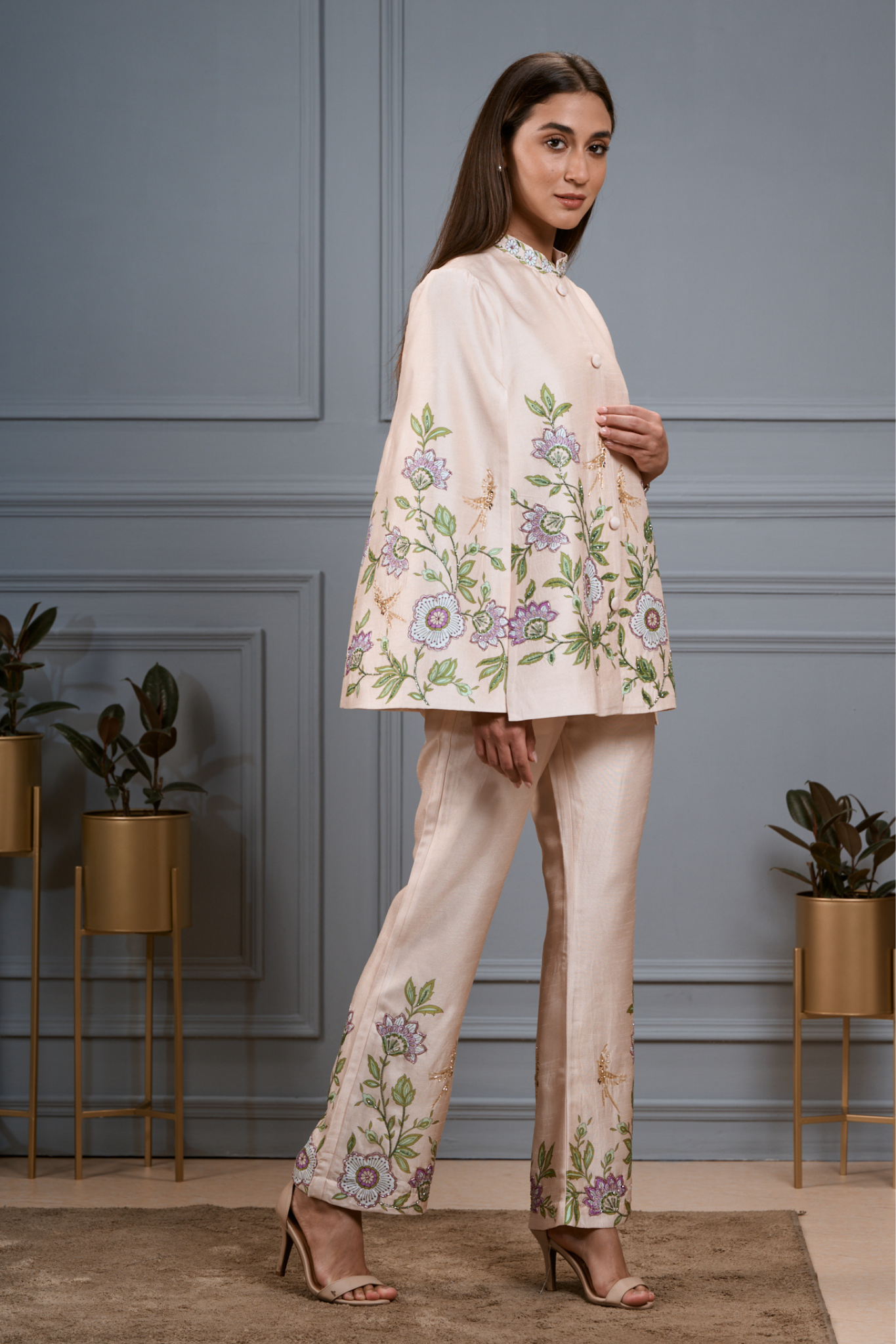 Embroidered Silk Linen Cape & Pants Co-ord Set