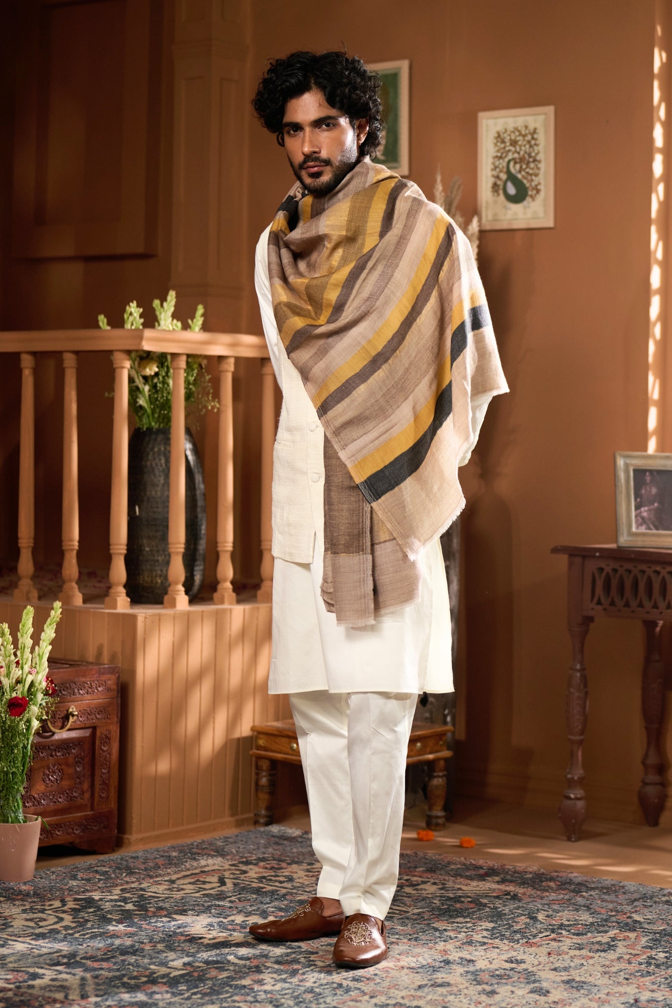 Taroob Multi Striper Soft  Wool Zari Stole