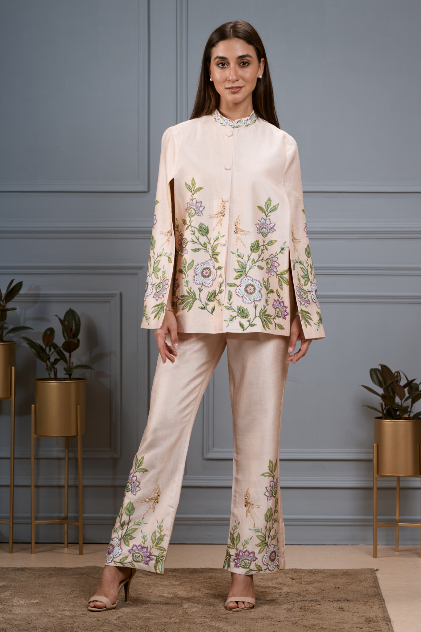 Embroidered Silk Linen Cape & Pants Co-ord Set