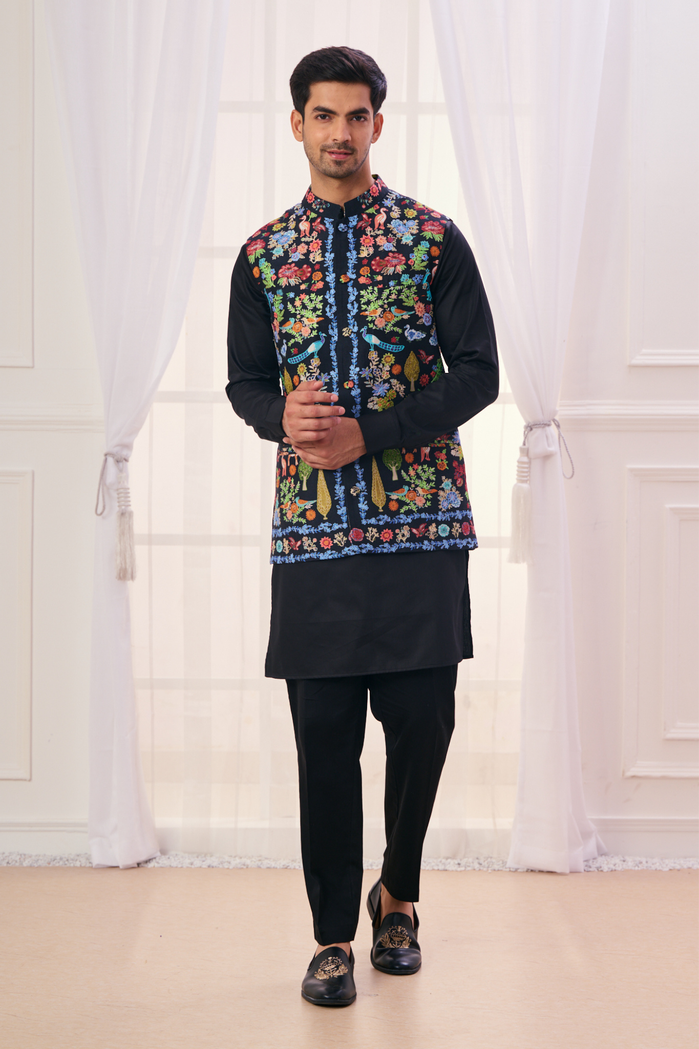 Silk Linen Safari Nehru Jacket with Embroidered Highlights