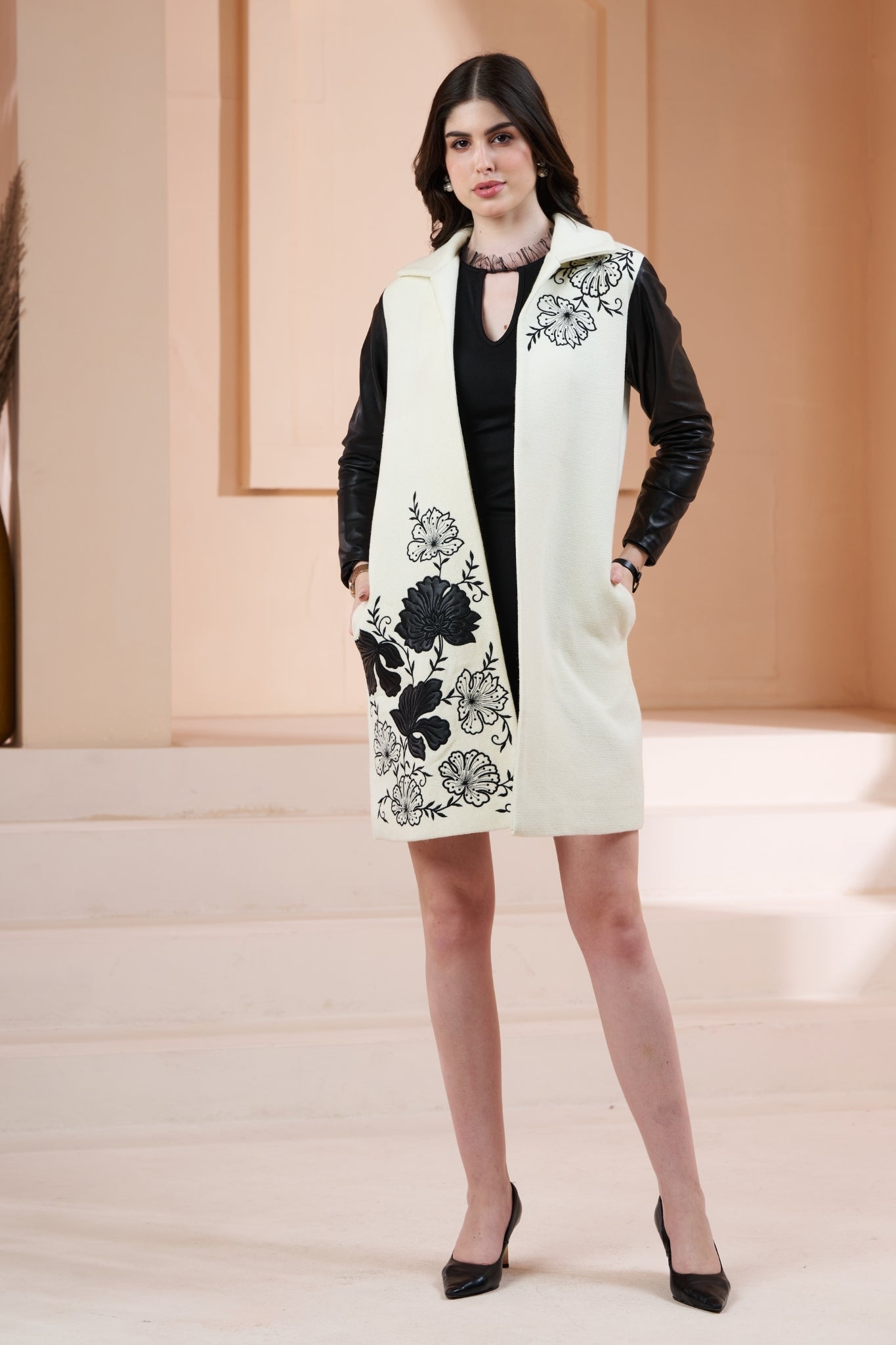 Embroidered Floral Wool Long Coat with Leather Sleeves