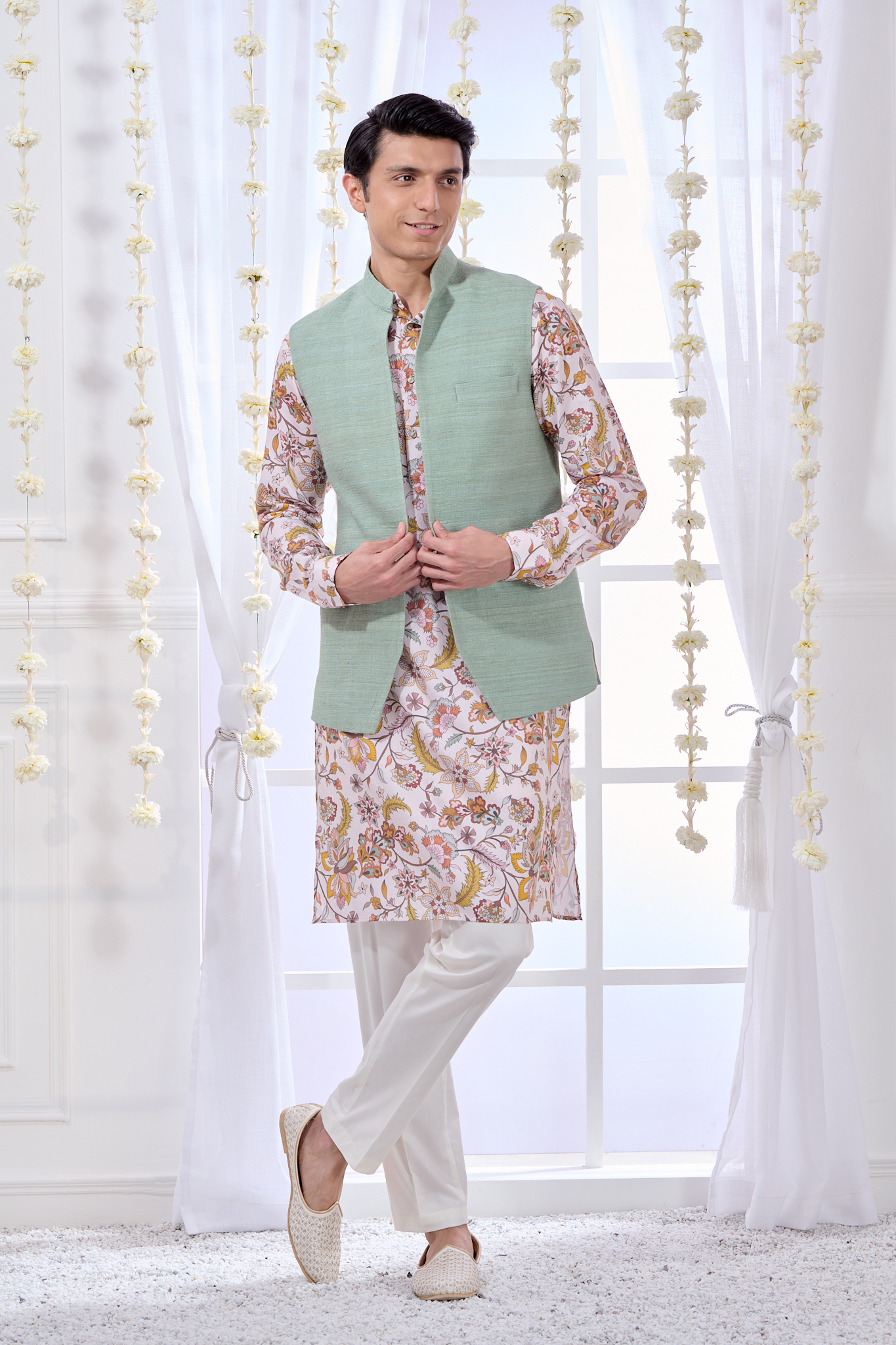 Raw Silk Bandi & Floral Kurta Pajama Set