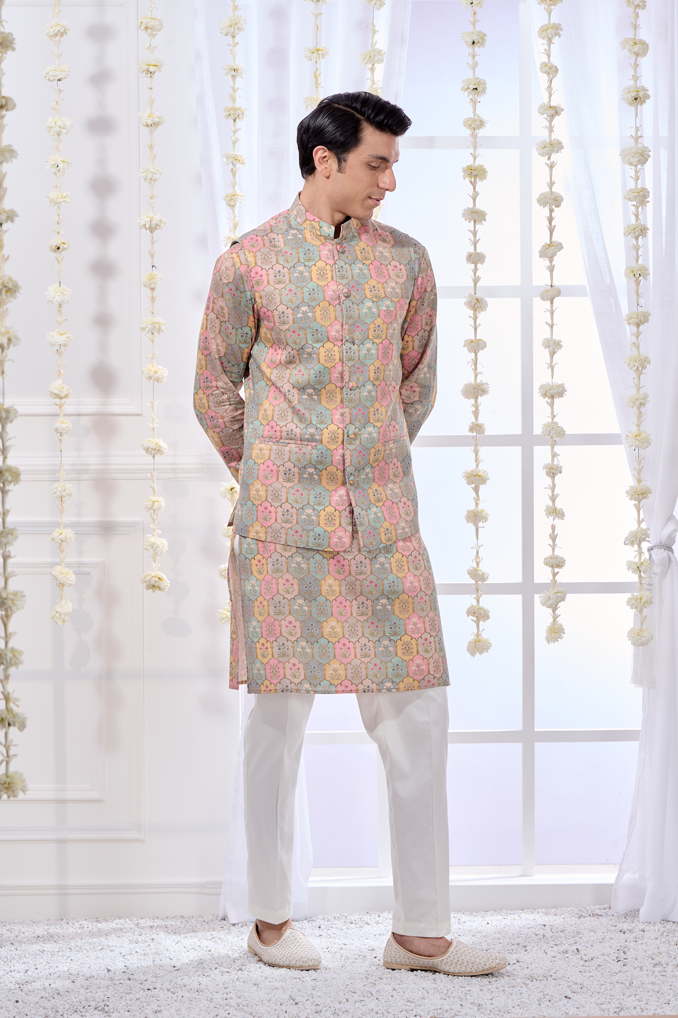 Kalamkari Printed Nehru Jacket & Kurta Pajama Set
