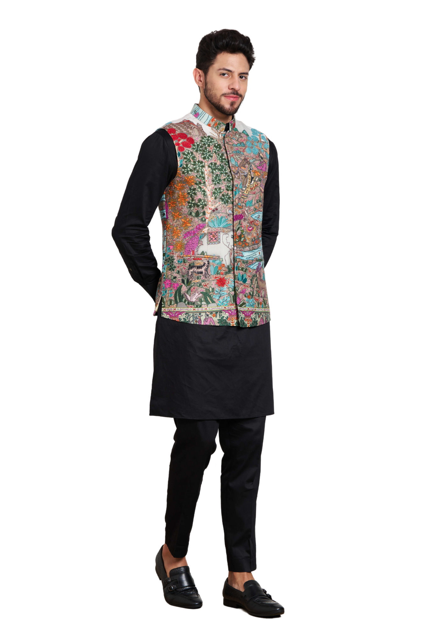 Mughal Darbar Kalamkari Nehru Jacket , Men's Bandi