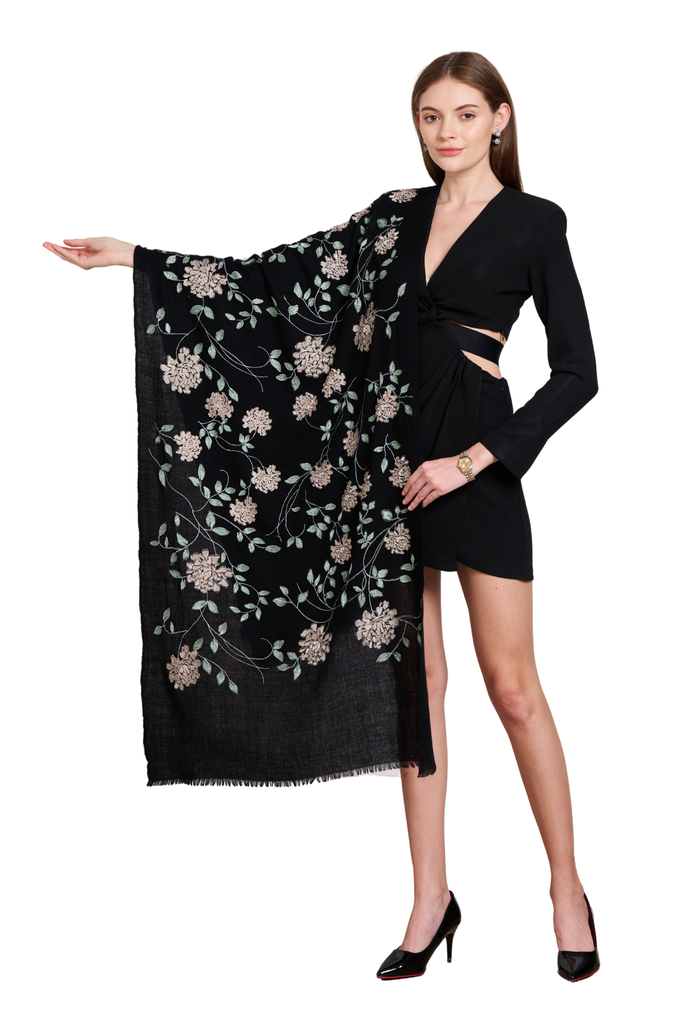 Dreamy Floral Embroidered Cashmere Stole