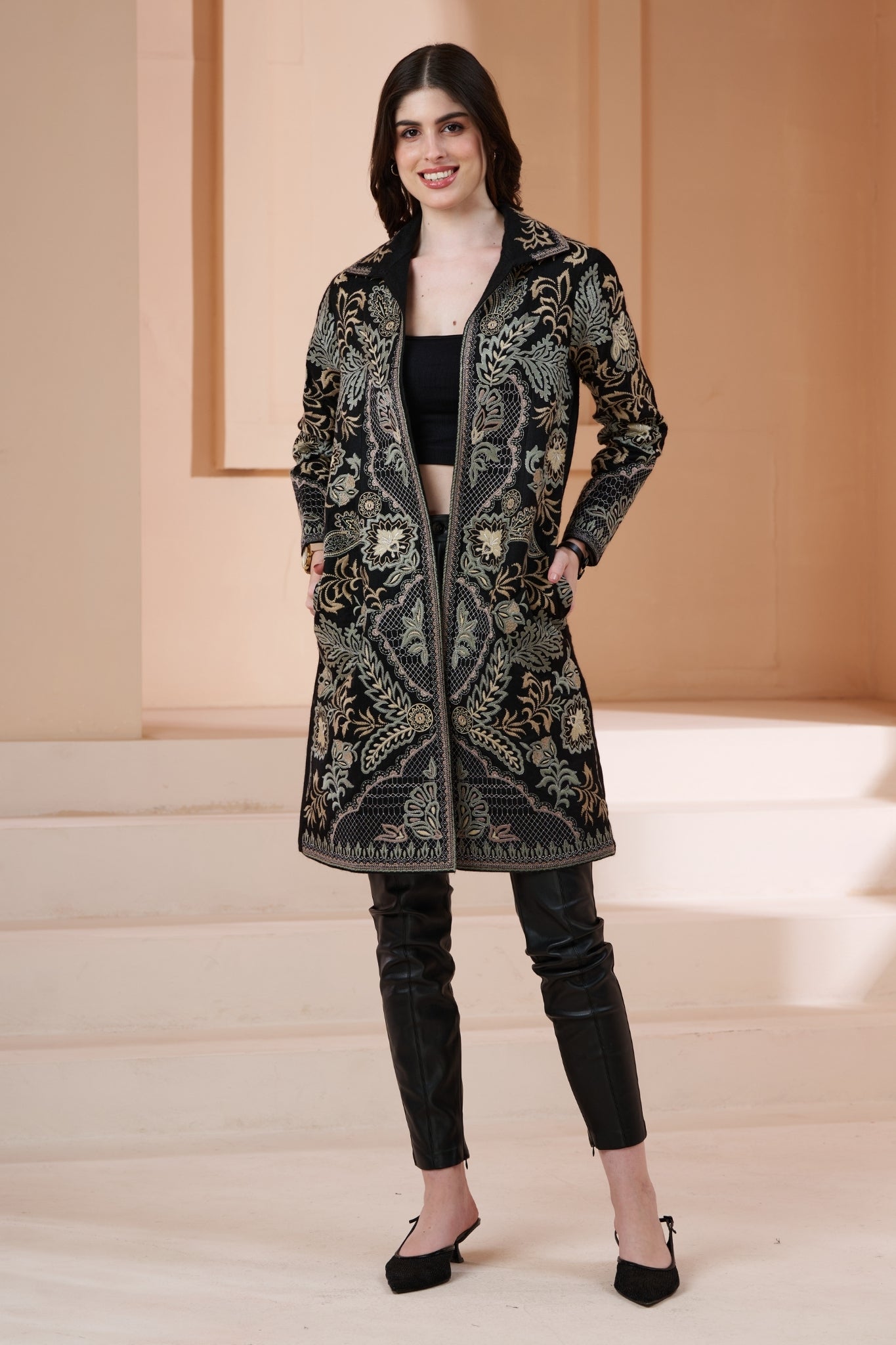 Embroidered Royal Wool Long Coat