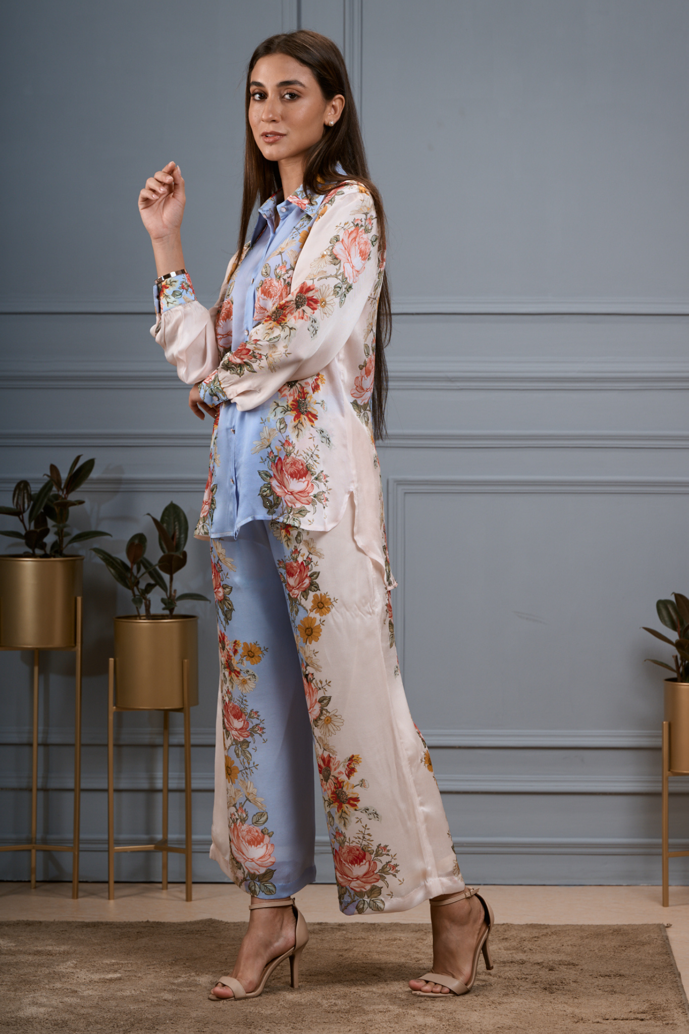 Silk Satin Floral Co-ord Set with Embroidered Highlights