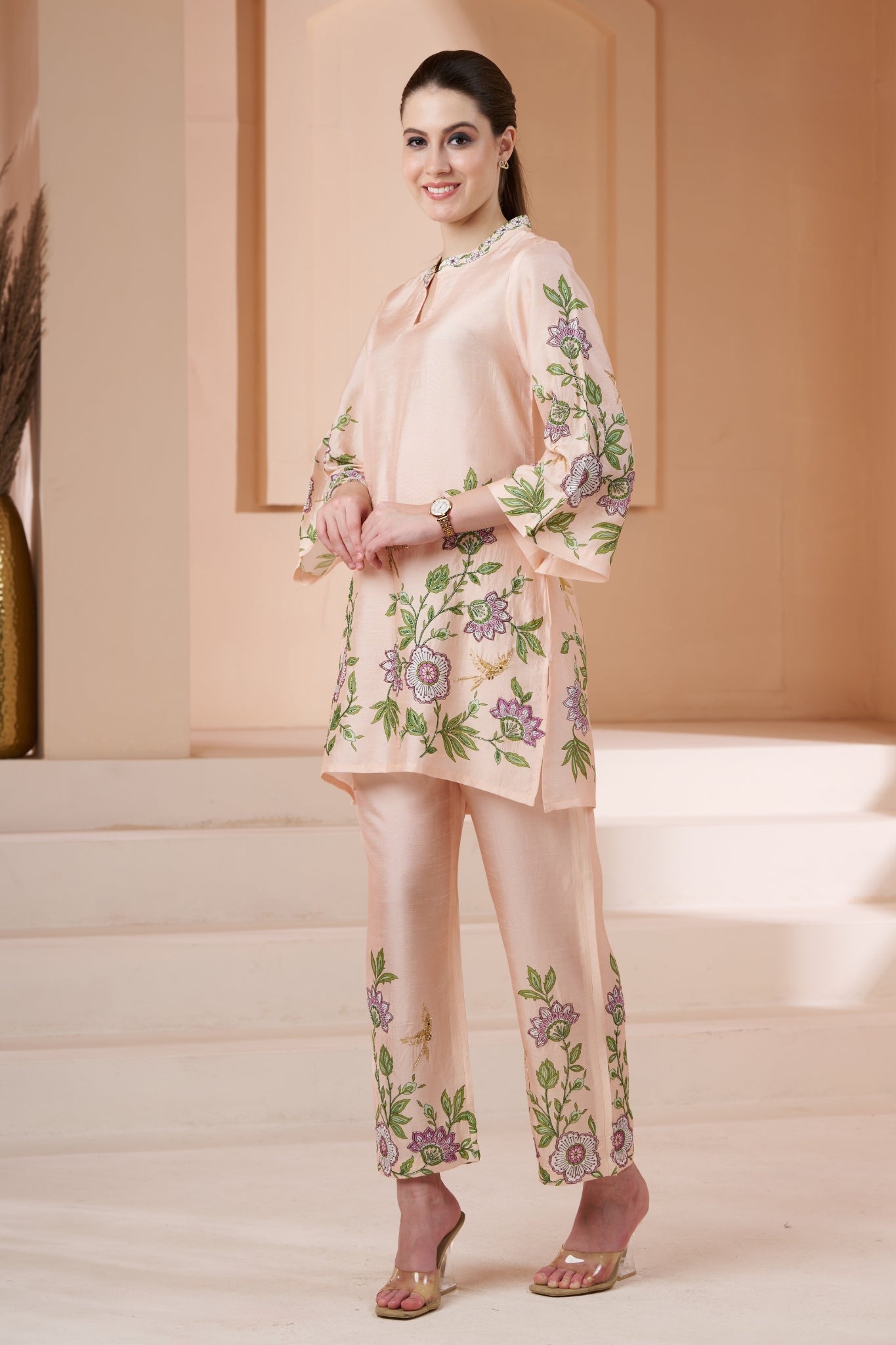 Floral Printed Silk Linen Co-ord Set with Embroidery Highlights