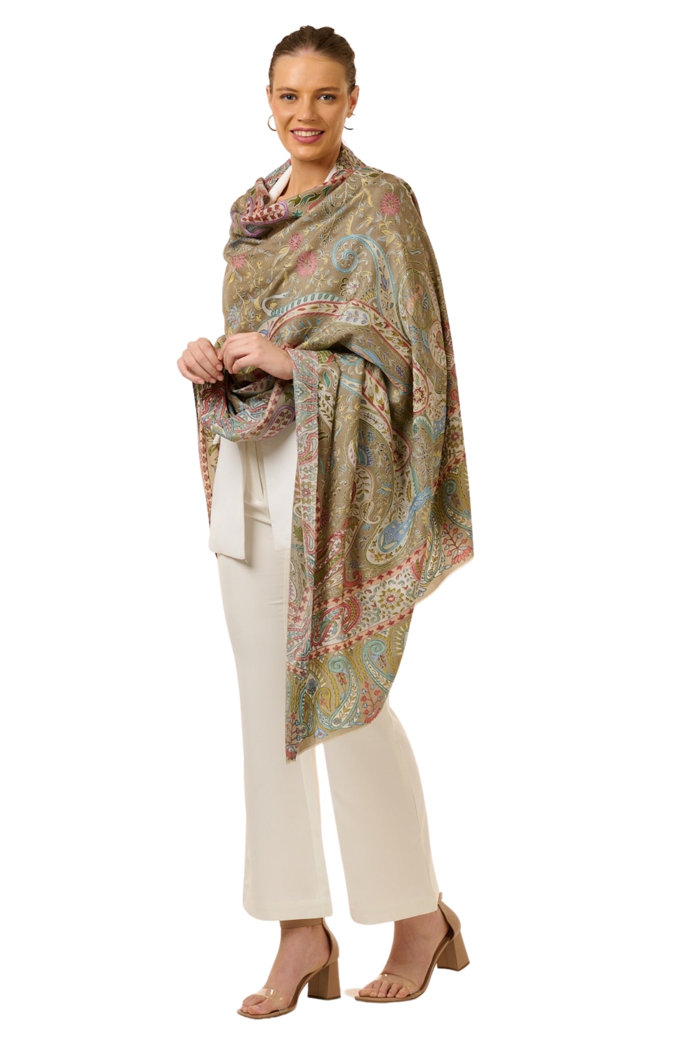 Taroob Soft Beige Embroidered Wool Kalamkari Shawl