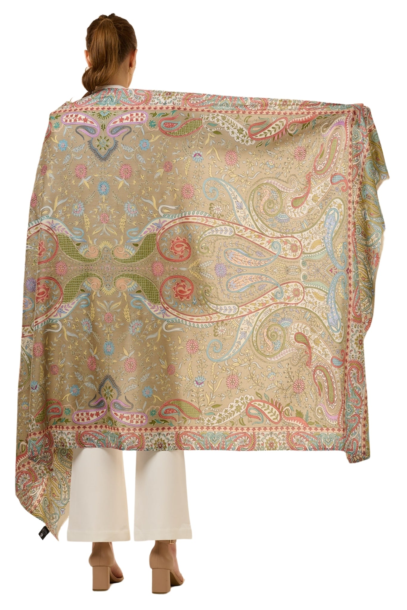 Taroob Soft Beige Embroidered Wool Kalamkari Shawl
