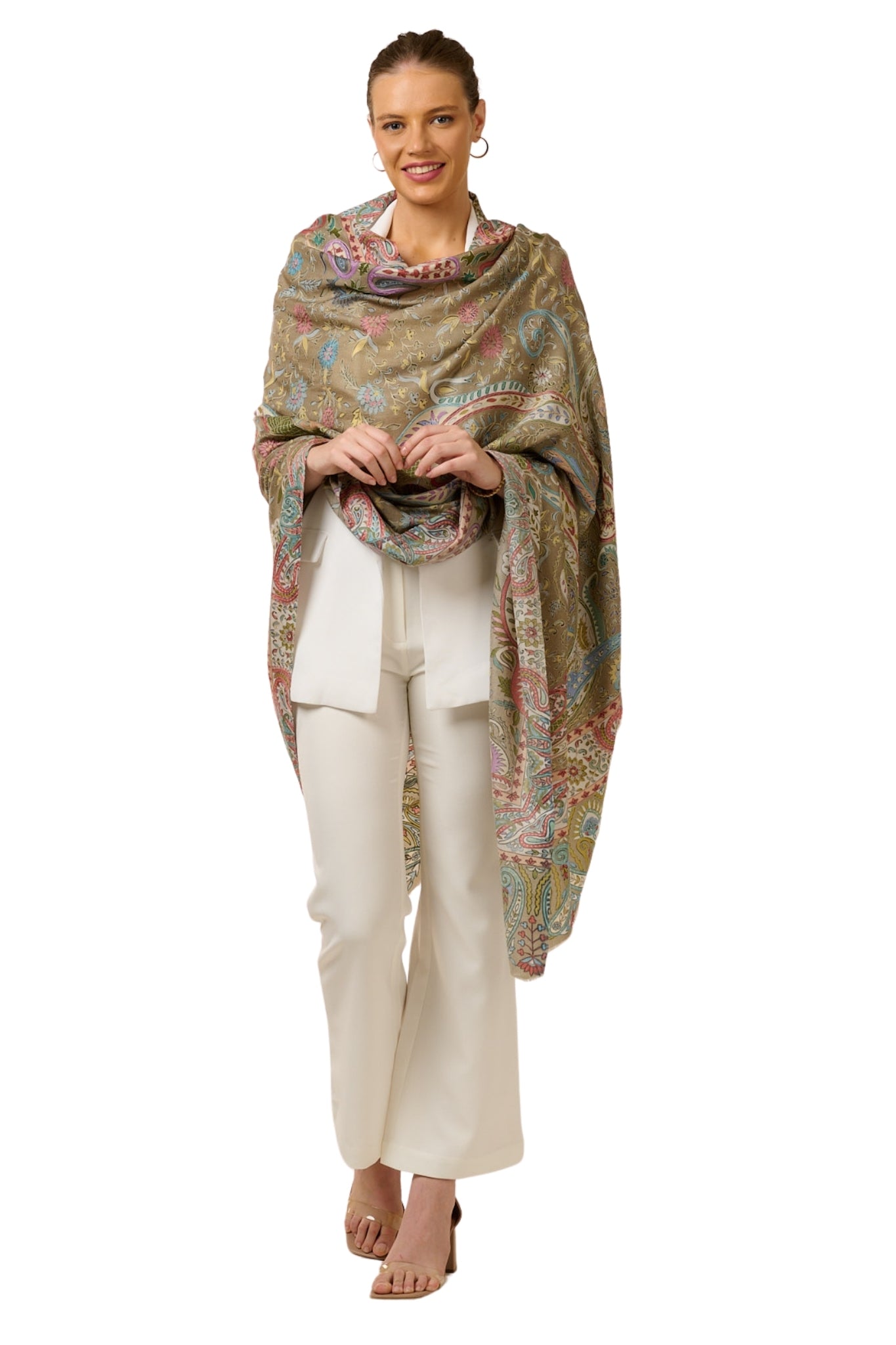 Taroob Soft Beige Embroidered Wool Kalamkari Shawl