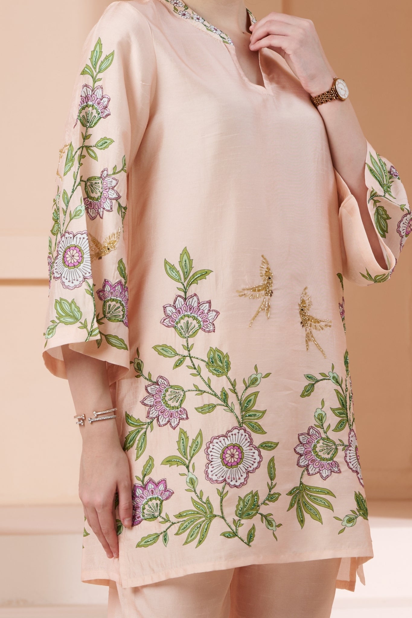 Floral Printed Silk Linen Co-ord Set with Embroidery Highlights