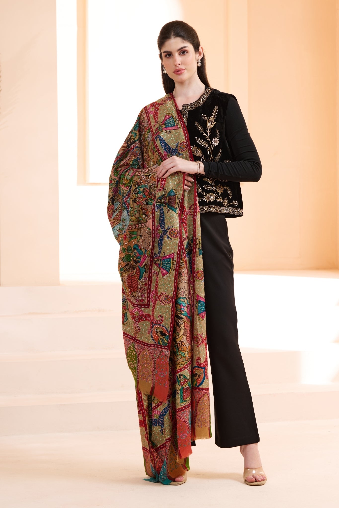 Heirloom Kalamkari Ram-Darbar Pure Pashmina Shawl