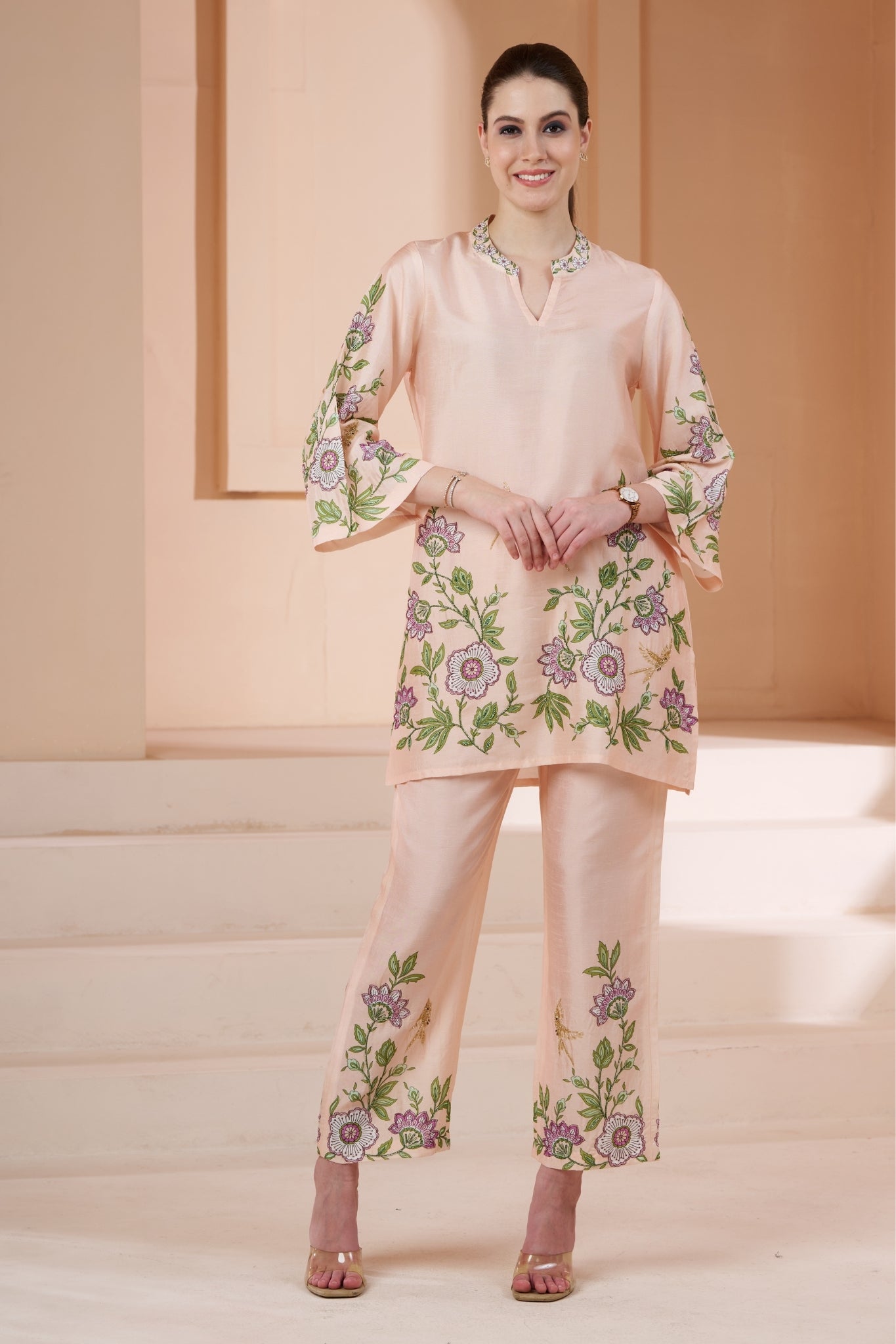 Floral Printed Silk Linen Co-ord Set with Embroidery Highlights