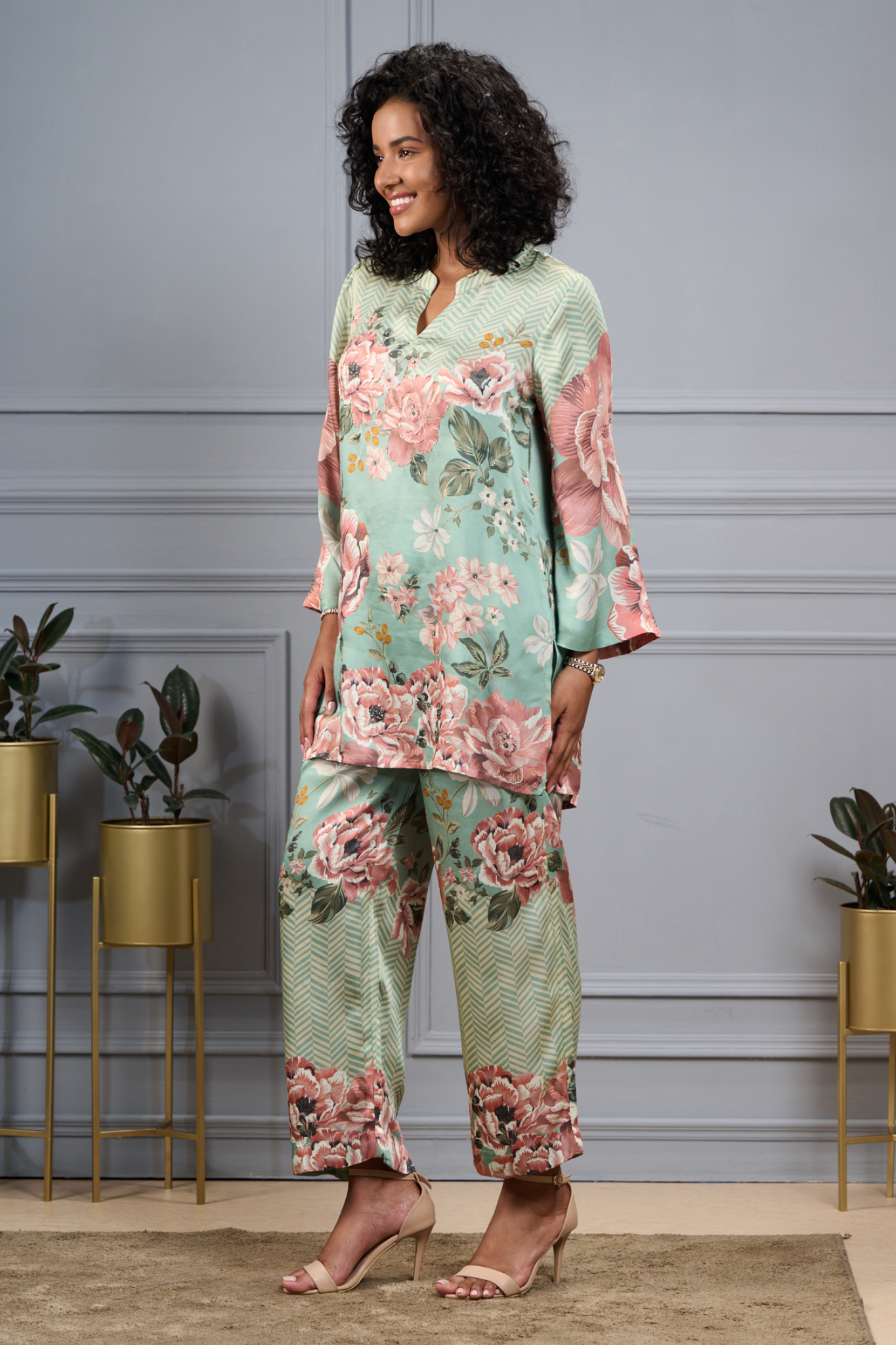Silk Satin Bold Floral Co-ord Set With Embroidered Highlights